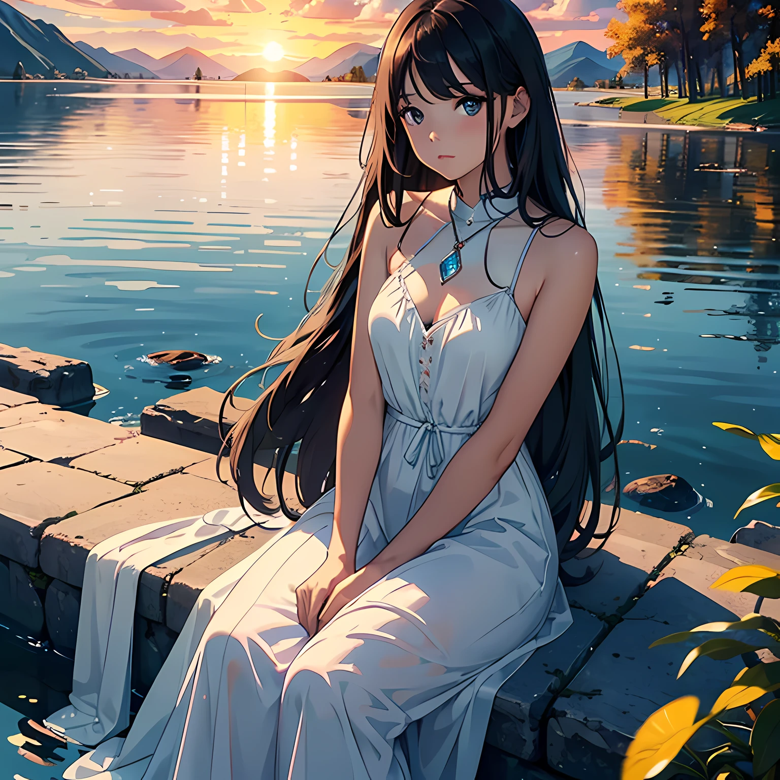 1 girl, serene expression, mesmerizing eyes, straight long hair, flowing dress, poised posture, porcelain skin, subtle blush, crystal pendant
BREAK
golden hour, (rim lighting):1.2, warm tones, sun flare, soft shadows, vibrant colors, painterly effect, dreamy atmosphere
BREAK
scenic lake, distant mountains, willow tree, calm water, reflection, sunlit clouds, peaceful ambiance, idyllic sunset, ultra detailed, official art, unity 8k wallpaper
, zentangle, mandala