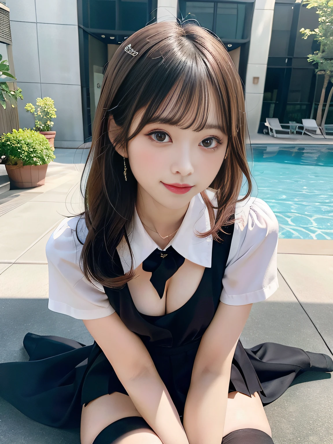 (64k,RAW photos,best qualtiy,masterpiecel1.4),(realisticlying,photograph realistic:1.37),Photos of Japanese girls,Wear a school uniform,naturey(big cleavage breasts:1.25),(small:1.4),looks away,seduct smile,(Kpop idol),messy hair,((Short)),(Pink blush),(illuminating),pool,Sit on the bed,,(独奏),dynamicposes,(erected ),(femele), (puffy eye:1.3), (delicate leg), hdr, highly detailed, Environmental occlusion, Harmonious composition, fine art photography,((Liuhai)),gigantic cleavage breasts,((Shoot from bottom to top)),Long legs,Wearing black stockings,full bodyesbian
