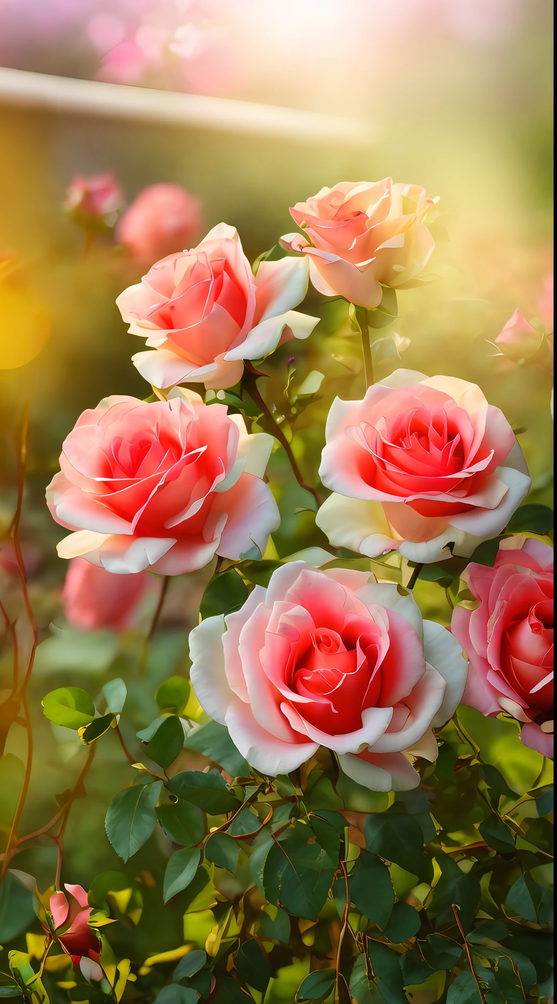 Many roses bloom in the garden, rosette, roses in cinematic light, a few roses, exploding roses, magical colorful flowers, beautiful colorful, rosses, pastel roses, colored flowers, Colorful flowers, beautiful colorful, beautiful flowers growing, with beautiful colors, Blooming flowers, melanchonic rose soft light, Beautiful flowers, colorful flower, flowers blooming