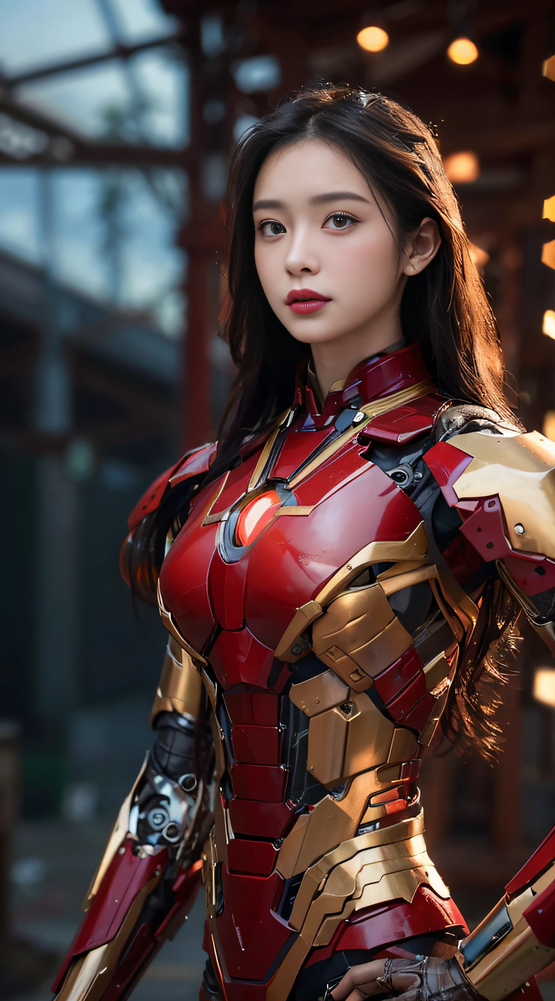 Chinese theme,RAW, Masterpiece, Ultra Fine Photo,, Best Quality, Ultra High Resolution, Photorealistic, Sunlight, Full Body Portrait, Stunningly Beautiful,, Dynamic Poses, Delicate Face, Vibrant Eyes, ( Frontal View) , she is wearing a futuristic Iron Man mech, red and gold color scheme, highly detailed abandoned warehouse background, detailed face, detailed and complex busy background, messy, gorgeous, milky white, high detailed skin, realistic skin details, visible pores , sharp focus, volumetric fog, 8k uhd, dslr camera, high quality, film grain, fair skin, photorealism, lomography, sprawling metropolis in futuristic dystopia, view from below, translucent