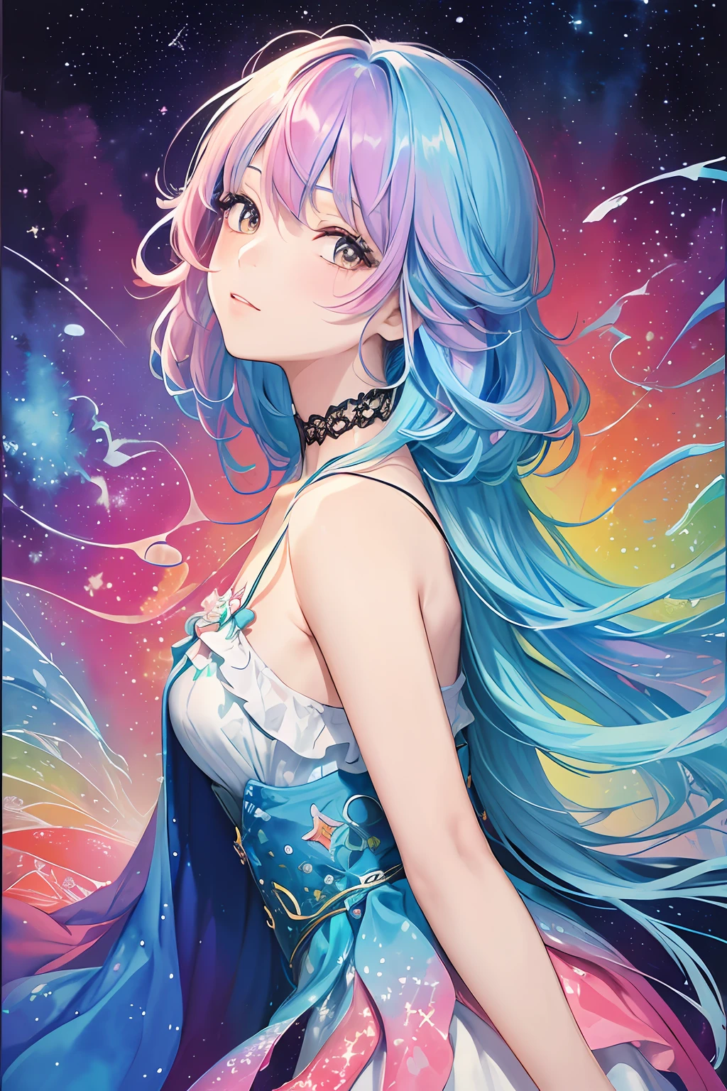 (masterpiece, top quality, best quality,watercolor (medium),official art, beautiful and aesthetic:1.2),(1girl:1.3), (fractal art:1.3),upper body, from side, looking at viewer,patterns,(rainbow color Hair,colorful hair,half blue and half pink hair:1.2),water,liquid, cloud,colorful, starry,stars,