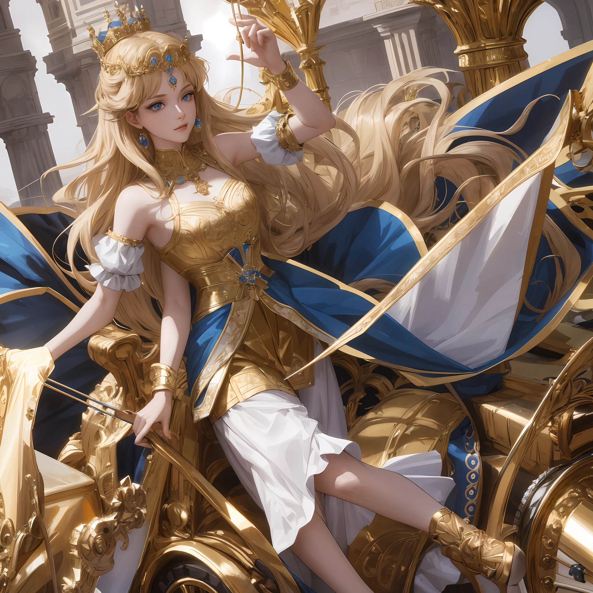 8k, the best quality, masterpiece, highly detailed, semi realistic, 1 girl, young female, 19 years old, with golden long hair and right eye covered by bangs, blue right eye, jewelry crown, palace style white and gold short skirts, slim figure, archery, holding a bow, archery,