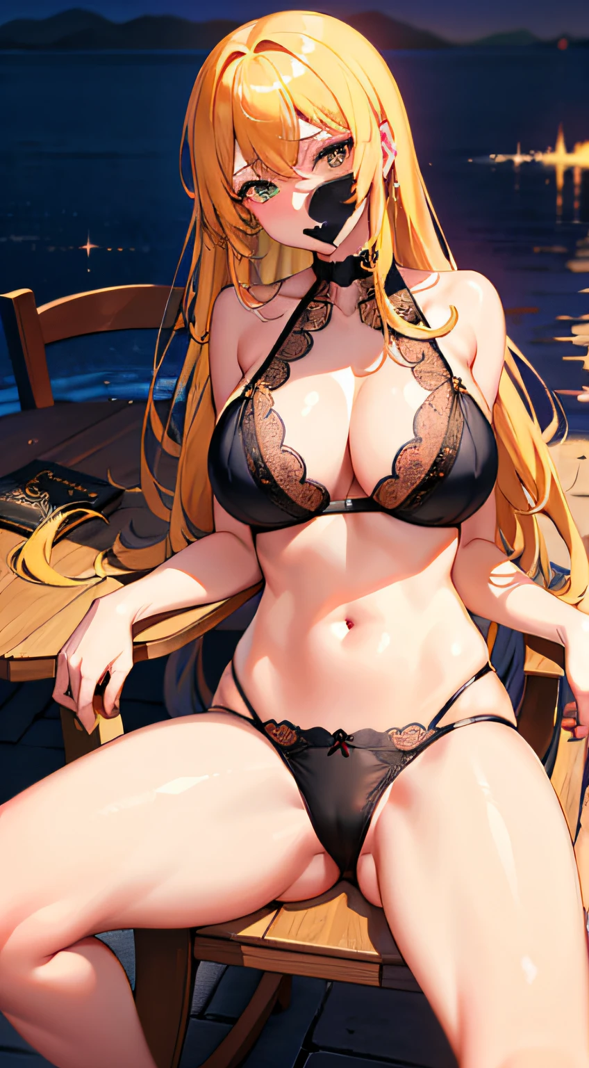 tmasterpiece,best qualtiy,(8K very detailed CG unit wallpaper)(best qualtiy),(Most Best Illustration),(Best shadow)Golden sea waves,Bright orange AOL sunset through the waves,Golden water droplets flying,(:1.6),Royal Sister,Black lace panties,Green lace bra,huge tit:1.2,Yellow hair,Affectionate eyes,dynamicposes,looking at viewert,A detailed,Clothes are tight,Recline in a chair,Open your legs,looks down on a viewer