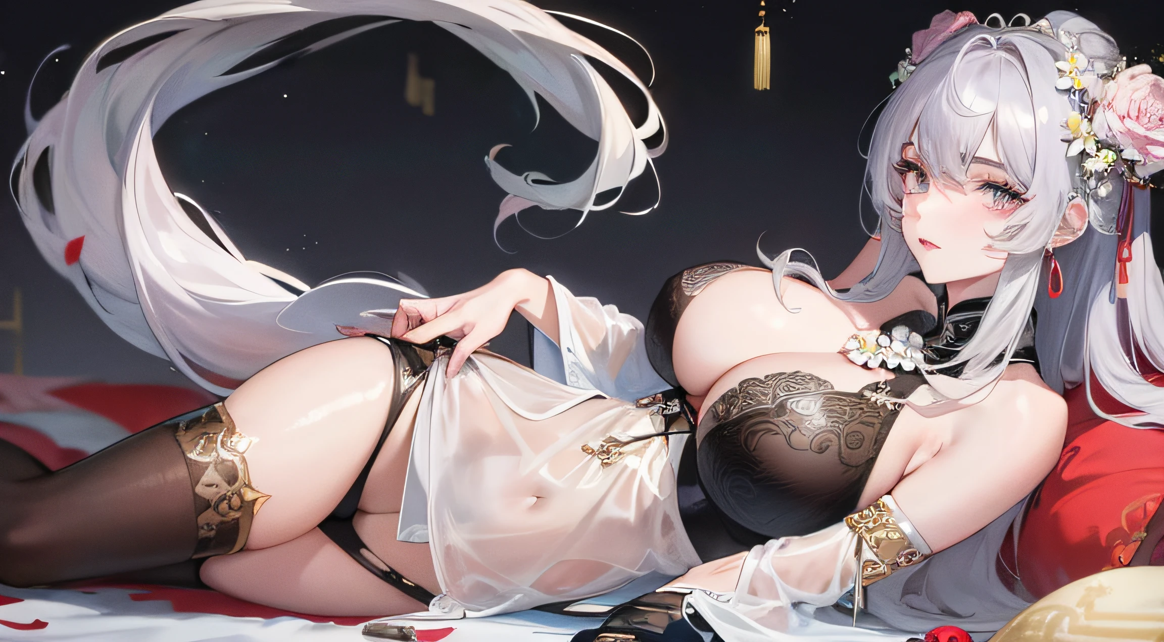 Masterpiece, Best quality, Night, full moon, 1 girl, Mature woman, Chinese style, Open your clothes,Ancient China,huge tit,cropped shoulders,sister, Royal Sister, Cold expression, Expressionless face, Silver white long haired woman, Light pink lips, calm, Intellectual, tribelt, Gray pupils, assassins, short knife, flower ball background, Stroll through the street view