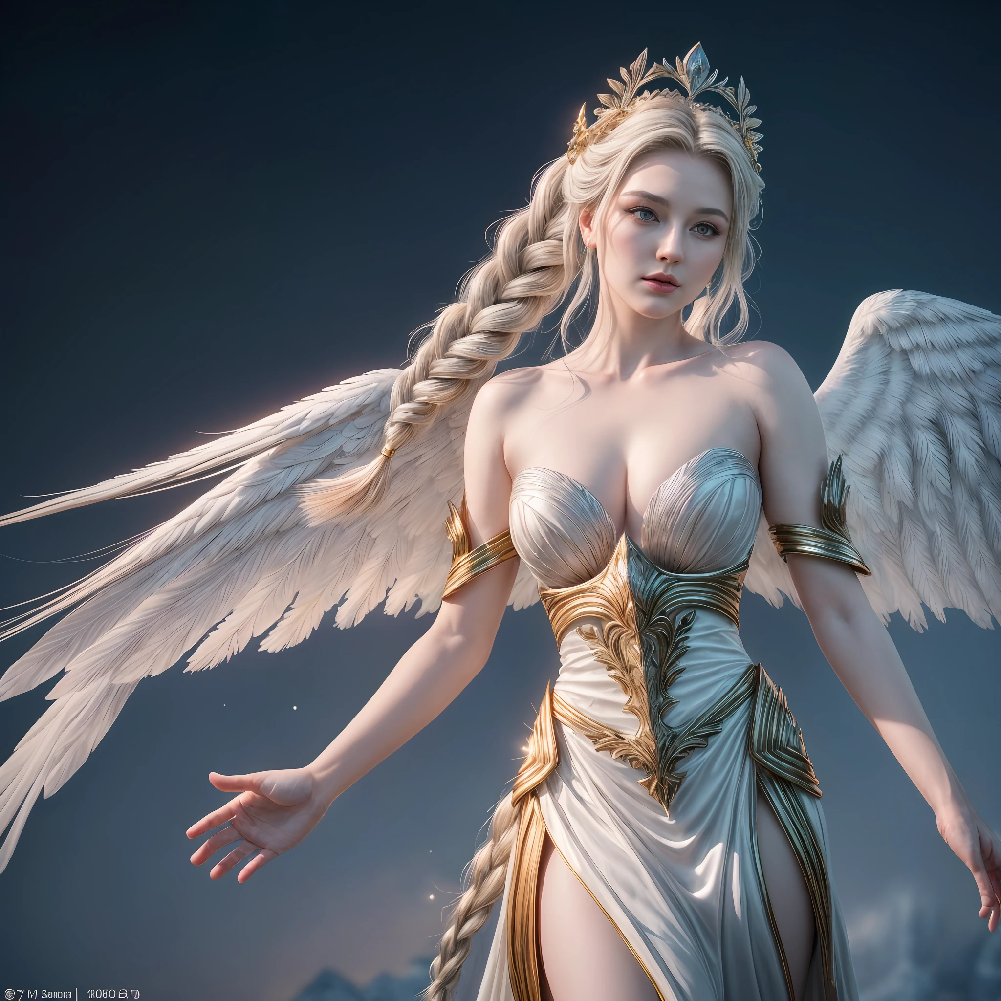 (masterpiece, best quality, photorealistic, highly detailed, octane render, unreal engine, 8k HD, hyper-detailed, realistic skin texture, best quality, ultra high res, raw photo, dramatic lighting, unreal engine, diffuse glow, dynamic pose), A female archangel with beautiful features would likely have striking, ethereal looks that would inspire awe and wonder in anyone who beheld her. She might have piercing blue or green eyes that seemed to glow with an inner light, framed by long lashes that brushed against her delicate cheekbones. Her skin might be porcelain pale, with a soft, rosy blush that highlighted her high cheekbones.

Her hair might be long and flowing, with strands of gold or silver that shimmered like starlight in the sun. It might be styled in intricate braids or loose waves that cascaded down her back, or perhaps pulled back into an elegant updo that showcased her graceful neck.

Her wings would be magnificent, with feathers as white as snow and shimmering with an otherworldly light. They might be large and imposing, giving her an aura of power and majesty, or perhaps delicate and intricate, reflecting her refined and elegant nature.

In short, a female archangel with beautiful features would be a vision of divine beauty, radiating grace, power, and wonder in all who beheld her