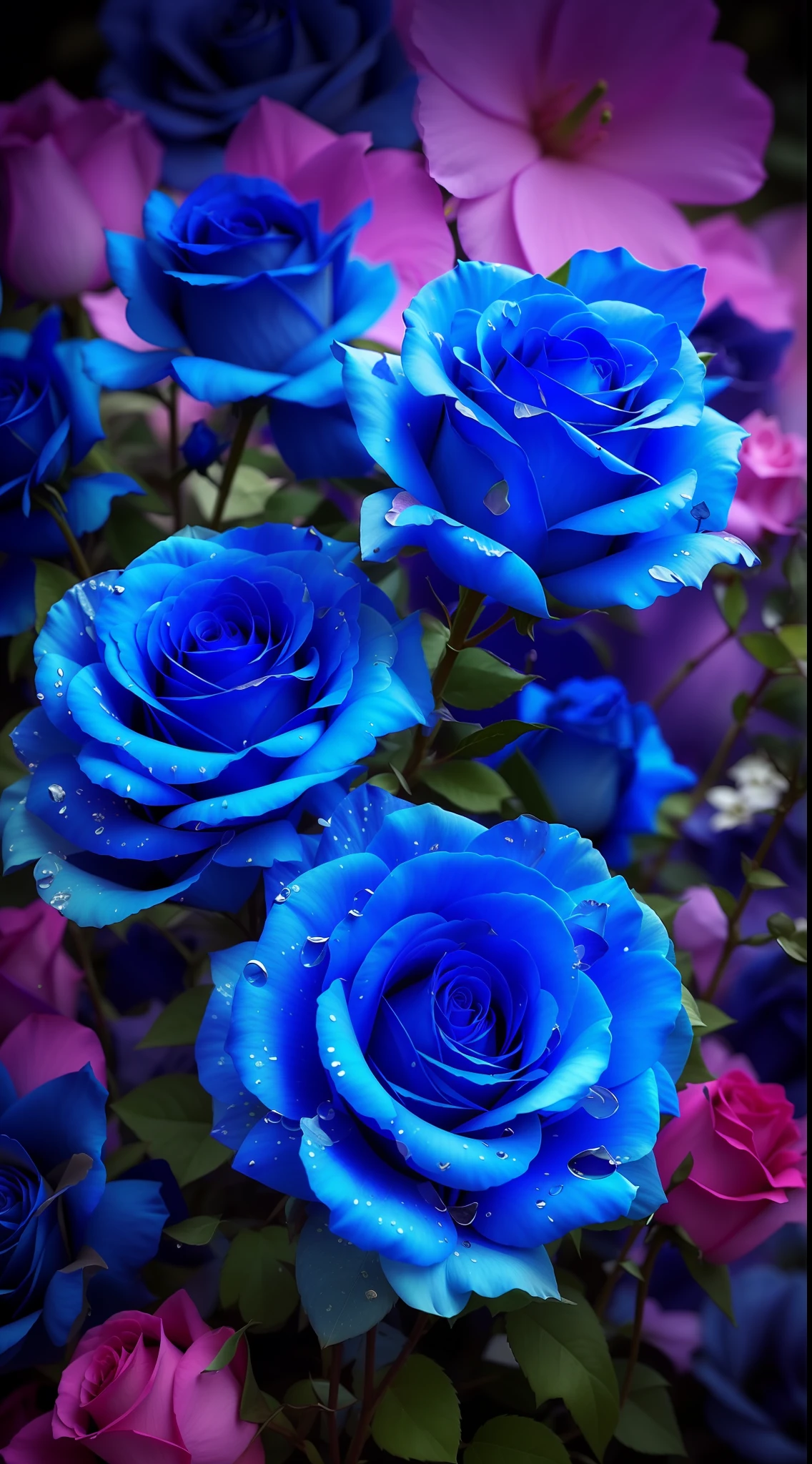 Many blue roses bloom in the garden, Blue rose, rosette, Blue flowers, roses in cinematic light, rosses, blue and pink, blue flowers bloomed all over, vibrant but dreary blue, a few roses, Incredibly beautiful, rendering a blue rose, Warm shades of blue, decorative roses, translucent roses ornate, Magical flowers