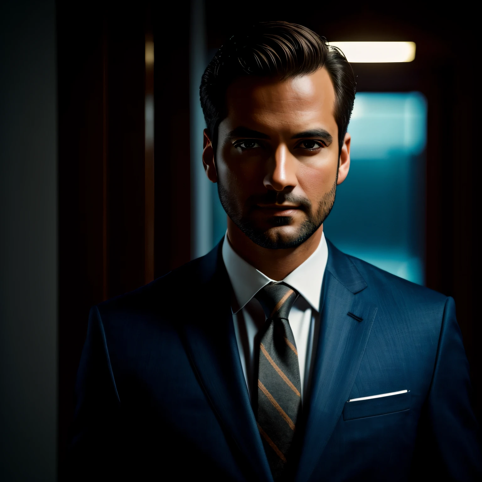 a Man standing with 30 years in suit and tie, body and head straight in the photo, DSRL, facing the viewer of the photo, eyes fixed to the lens, appears shoulders and head in the photo, man centered in the photo, 8k, best quality, masterpiece, realistic, realistic photo, movie photo, ultra realistic, 1 person, detailed, Perfect lighting, DSRL, professional photo, 4k