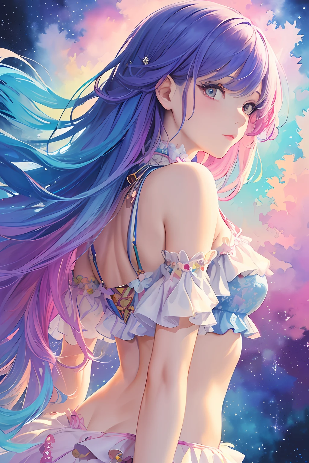 (masterpiece, top quality, best quality,watercolor (medium),official art, beautiful and aesthetic:1.2),(1girl:1.3), (fractal art:1.3),upper body, from side, looking at viewer,patterns,(rainbow color Hair,colorful hair,half blue and half pink hair:1.2),water,liquid, cloud,colorful, starry,stars,