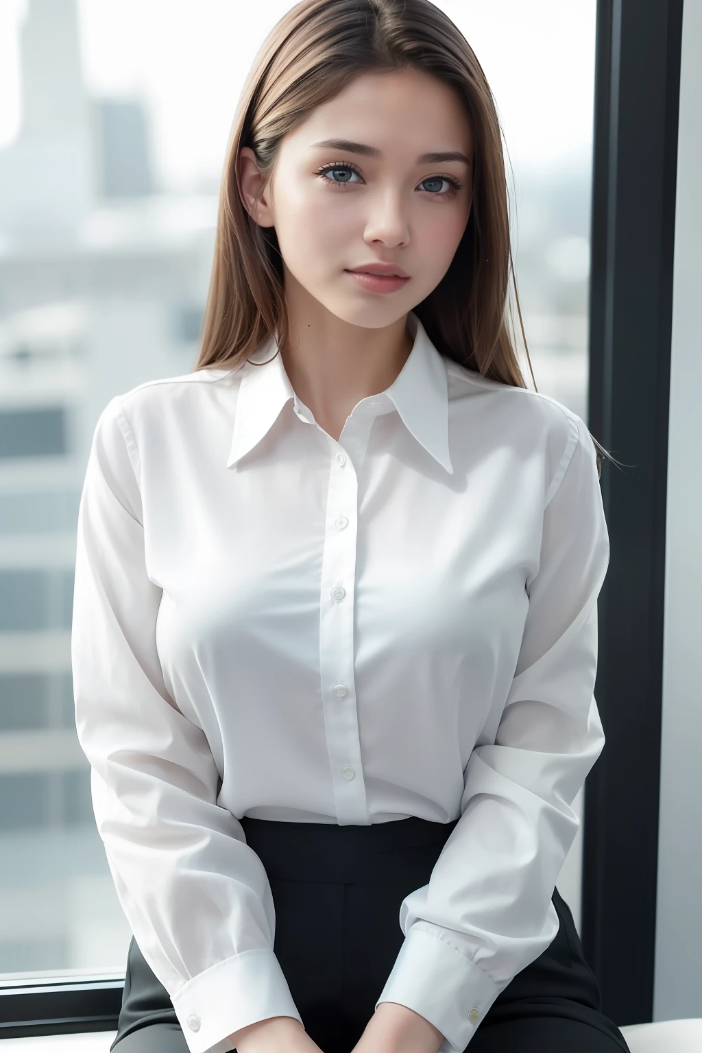 (8k, best quality, masterpiece:1.2), (realistic, photo-realistic:1.37), ultra-detailed, 1 girl,cute, solo,beautiful detailed sky,detailed office,night,sitting,(nose blush),(smile:1.15),(closed mouth) , medium breasts,beautiful detailed eyes,(collared shirt:1.1), night, wet,business attire, rain, (short hair:1.2), pureerosface_v1, computer, detail finger, beautiful detailed face,
