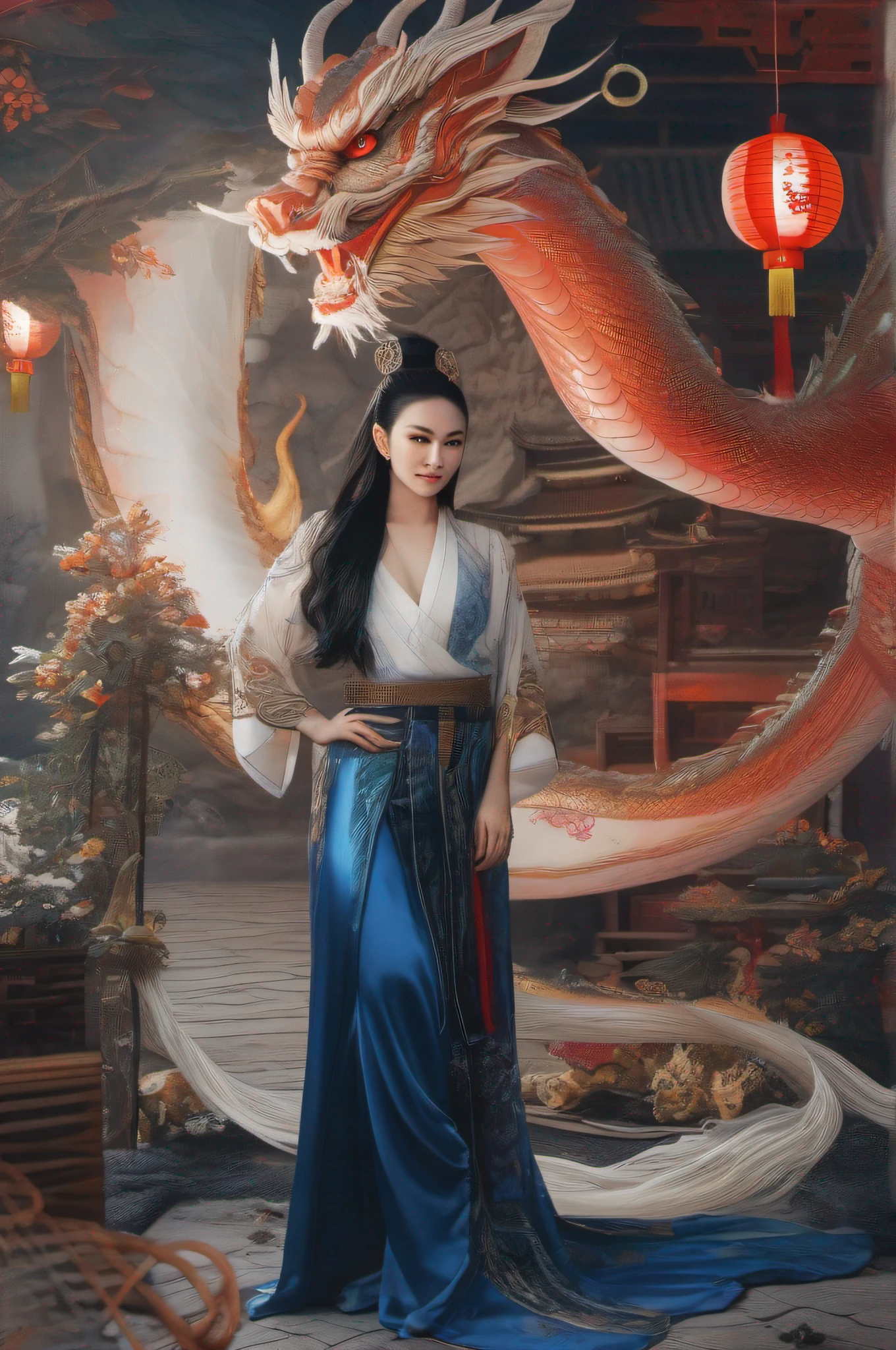 A woman stands next to a dragon, Chinese girl, long and flowing hair, Dragon in the background,, Hanging ornaments, Chinese fantasy，drak