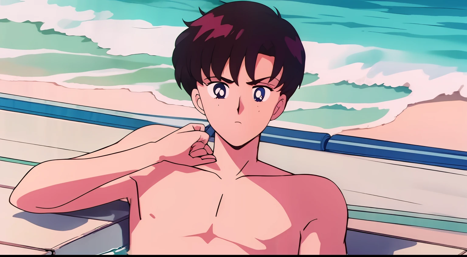 1boy,Long hair,beachside,swim wears,No bra,On your stomach