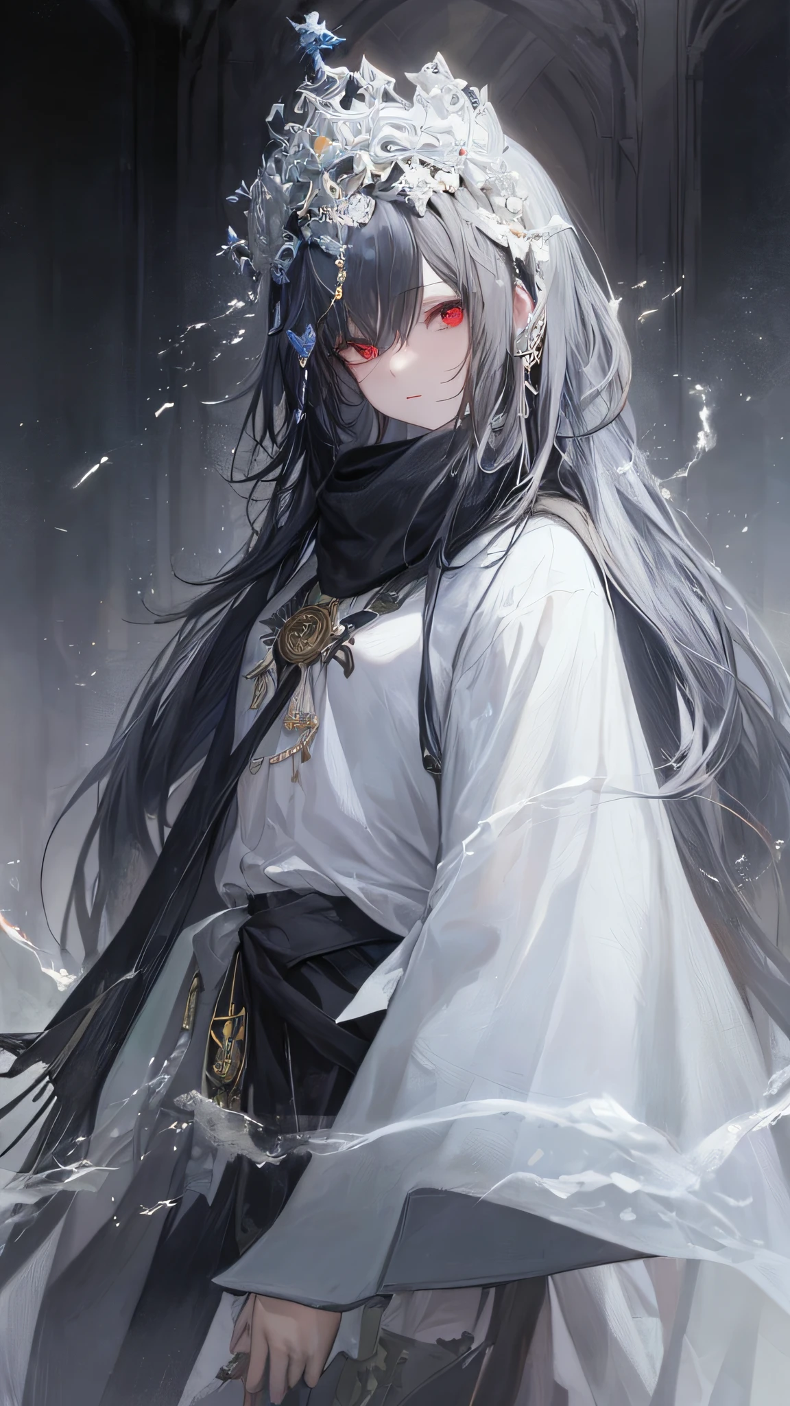 a black-haired、Close-up of a woman in a white scarf，Masterpiece, Best quality, Ultra-detailed，Pixiv competition winner，Fantasyart，black haired goddess，Beautiful character painting，Guviz-style artwork，staredown，Guweiz，cabelos preto e longos，longblackhair，flowing hair and long robes，Red eyes。