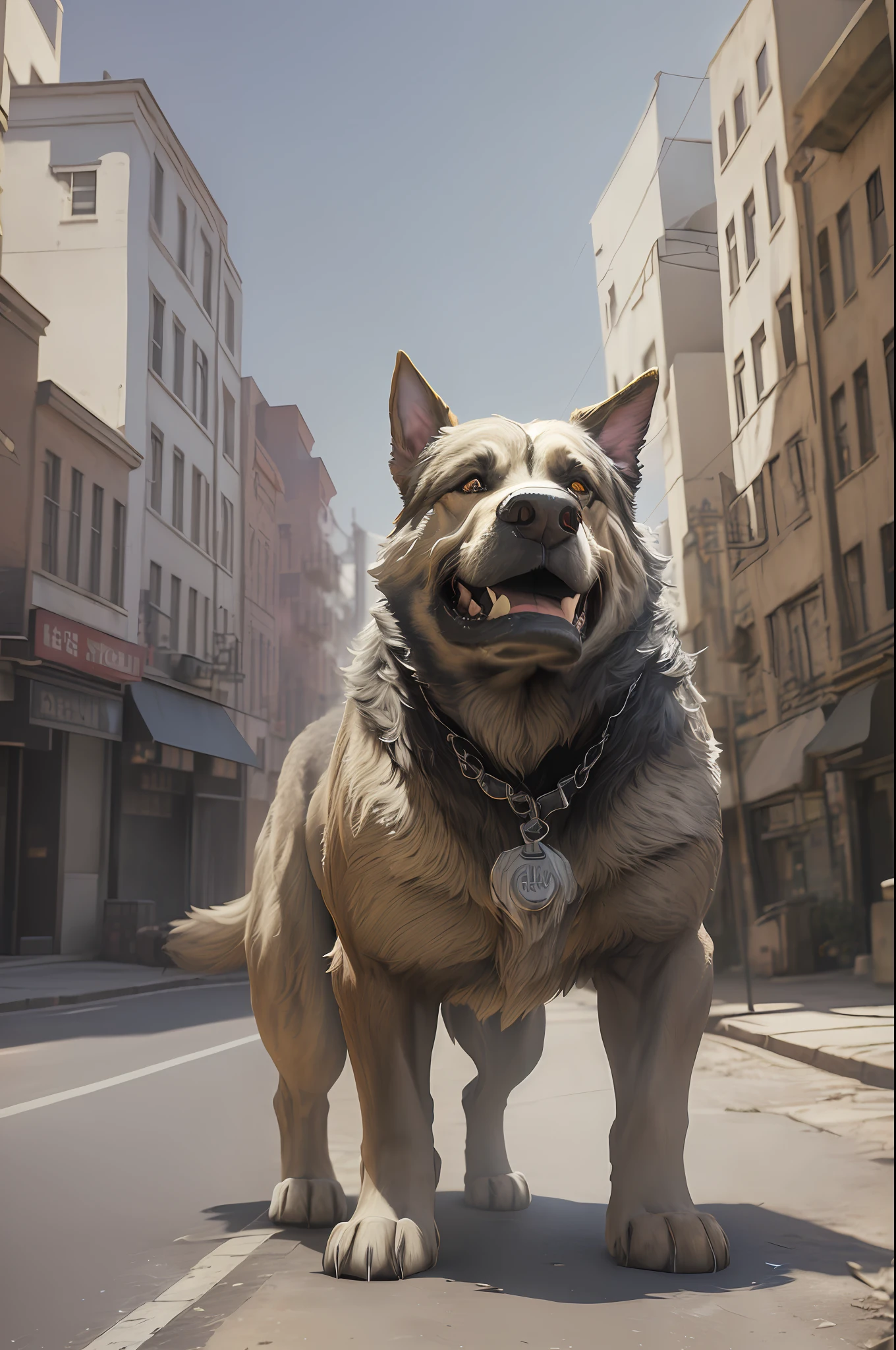 There was a big dog standing on the street, movie still of a snarling, render naughty dog, 3 d render and matte painting, Global illumination. vfx, cgi special effects, hyper - realistic vfx render, vfx, made in unreal engine 5, unreal engine 5 render dramatic, detailed unreal engine 5 render, render in unreal engine 5
