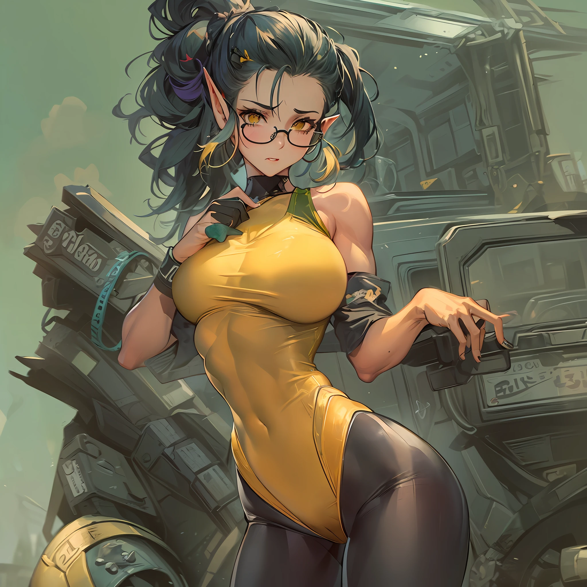 dirty female elf mechanic, 1girl, (solo:1.5), full body shot, busty boobs, (wearing a lewd sports leotard:1.4), black hair, yellow eyes , muscular arms, glasses, hair in a messy bun