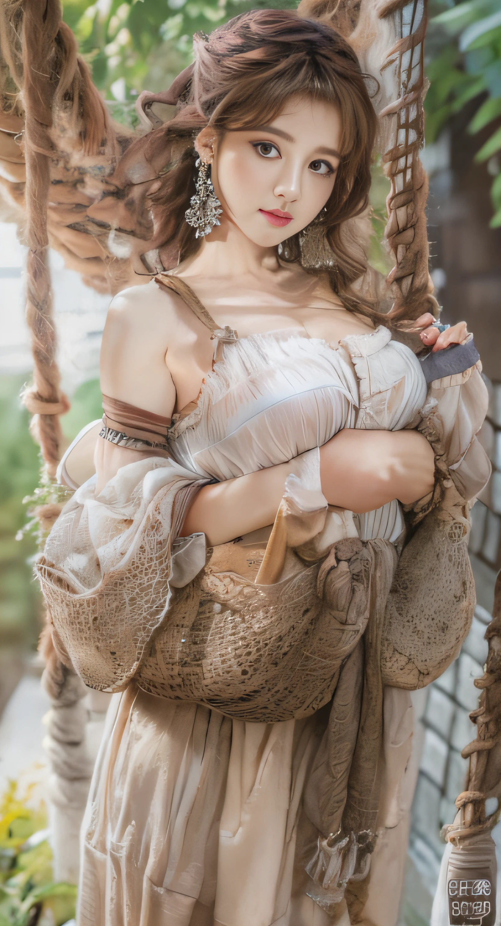 (Best quality, 8k, Masterpiece :1.3), A pretty woman with perfect figure :1.4, Dark brown hair, ((Gigantic breasts)), On hammock, Garden, Highly detailed face and skin, Detailed eyes, Double eyelid