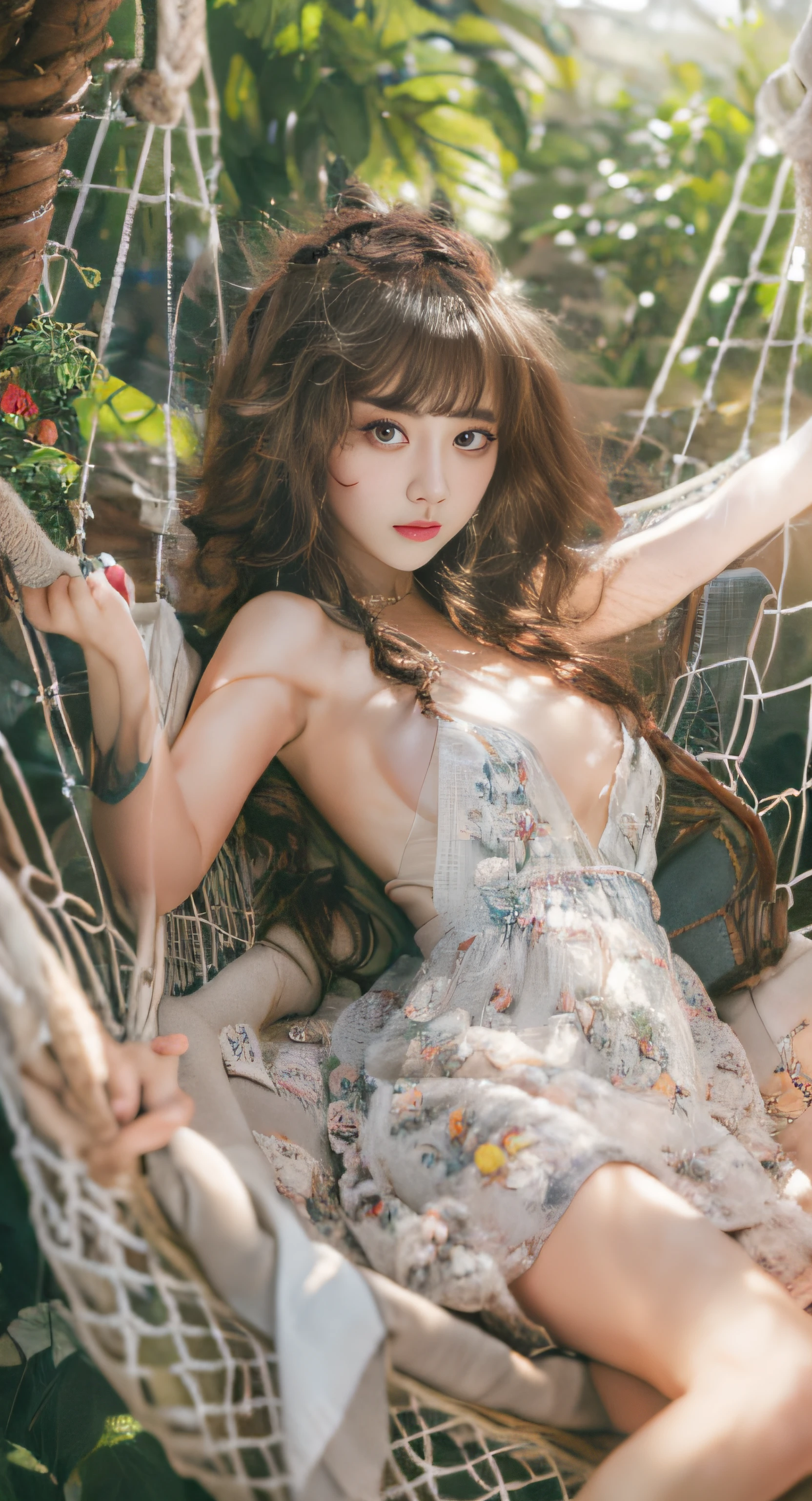 (Best quality, 8k, Masterpiece :1.3), A pretty woman with perfect figure :1.4, Dark brown hair, ((Gigantic breasts)), On hammock, Garden, Highly detailed face and skin, Detailed eyes, Double eyelid