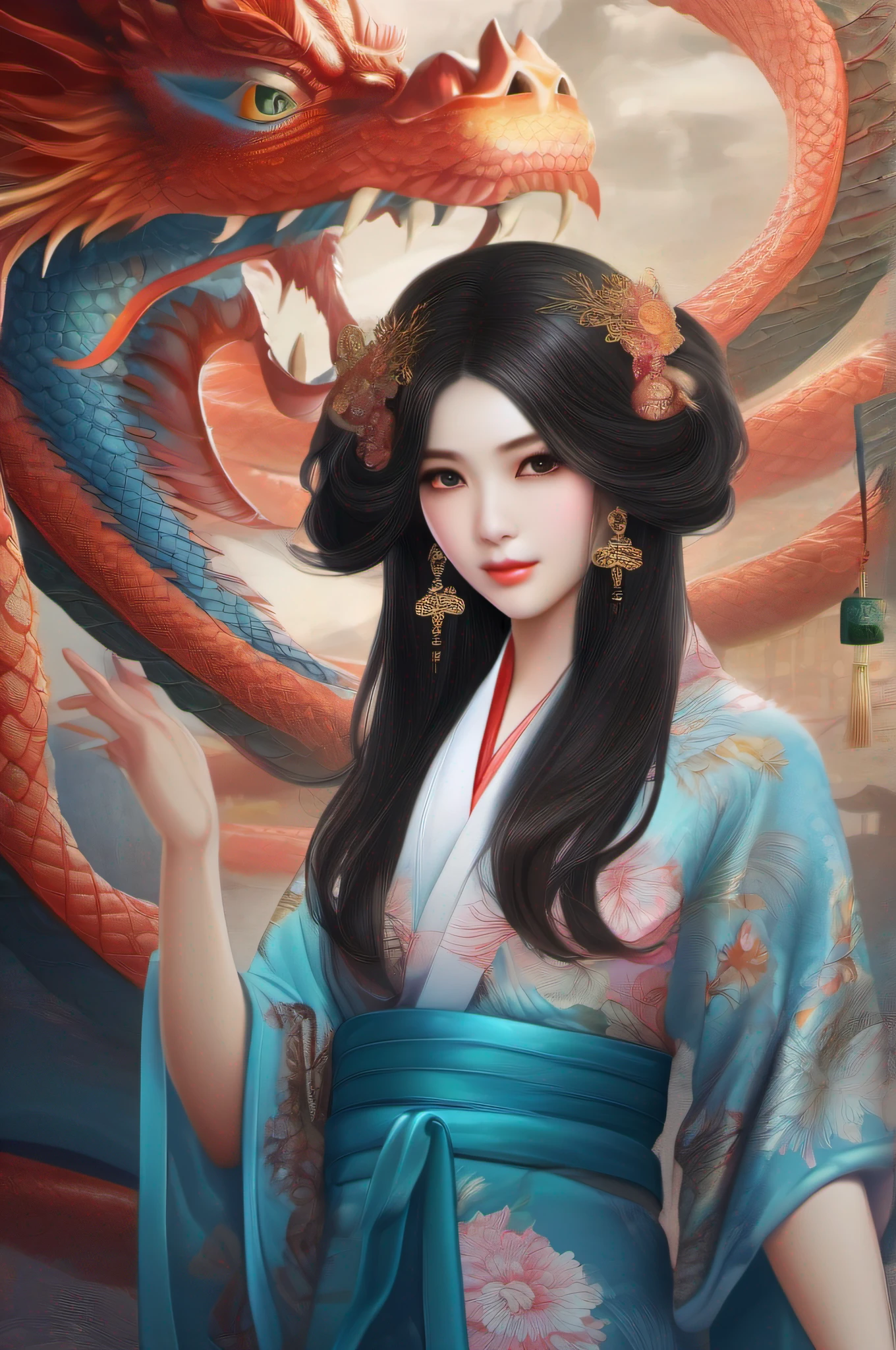 A masterpiece, Best quality at best, Realistic, Realistic, The painting depicts a woman standing next to a dragon. The whole painting adopts cute and realistic portraits (styled kawaii realistic portrait) dark strong blue eye. Long hair fluttering and cute (Cute:2). The whole painting shows excellent realistic detail, Light and shadow tracking, rich details​, Close-up of a woman in a kimono with a dragon, Cyan Chinese dragon, Portrait of the Dragon Woman, dragon-inspired cloth robes, Chinese girl, flowing long black hair, Dragon girl, dragon in the background, Black Dragon, Hanging ornaments, Chinese fantasy，drak