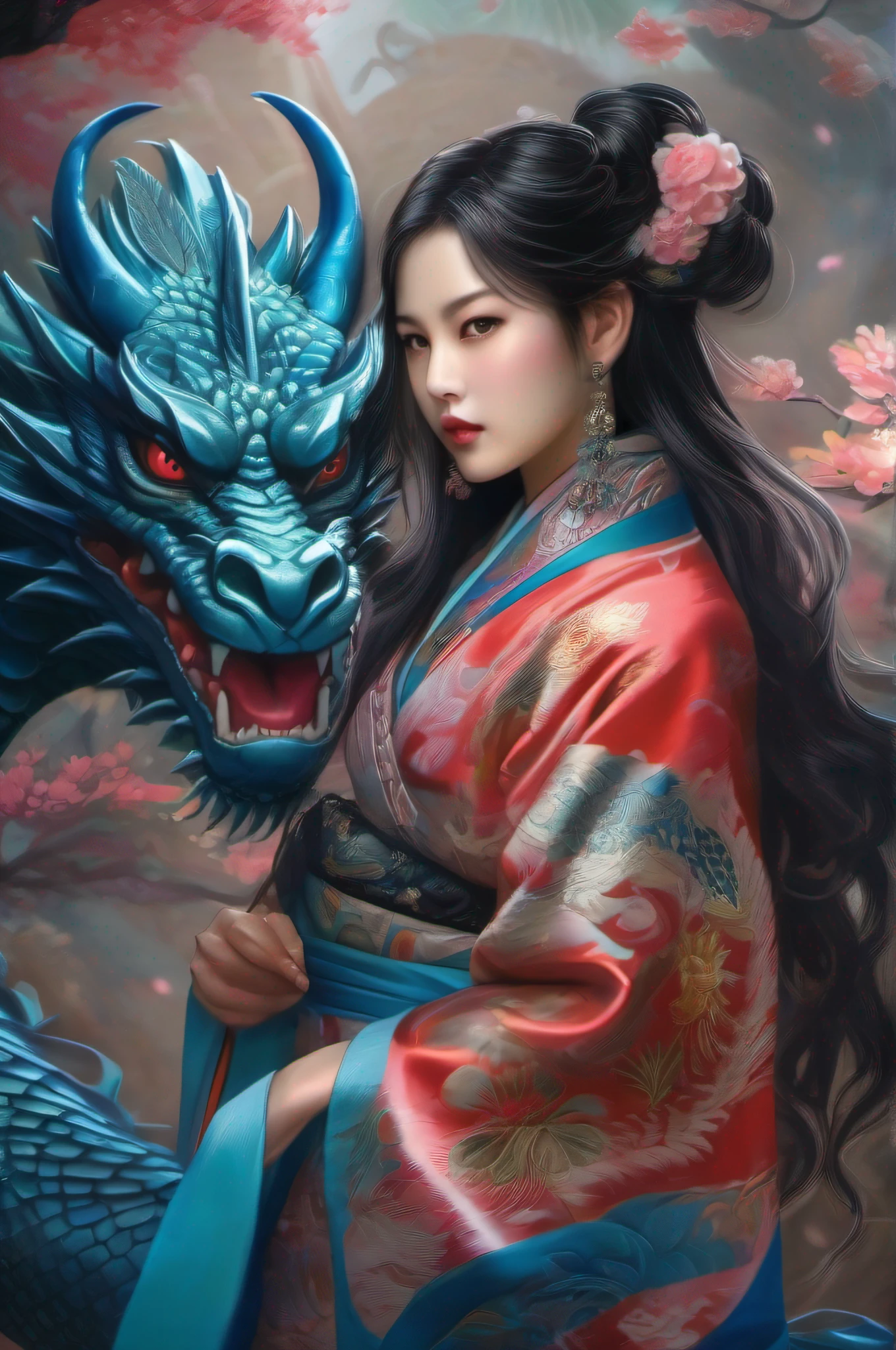 A masterpiece, Best quality at best, Realistic, Realistic, The painting depicts a woman standing next to a dragon. The whole painting adopts cute and realistic portraits (styled kawaii realistic portrait) dark strong blue eye. Long hair fluttering and cute (Cute:2). The whole painting shows excellent realistic detail, Light and shadow tracking, rich details​, Close-up of a woman in a kimono with a dragon, Cyan Chinese dragon, Portrait of the Dragon Woman, dragon-inspired cloth robes, Chinese girl, flowing long black hair, Dragon girl, dragon in the background, Black Dragon, Hanging ornaments, Chinese fantasy，drak