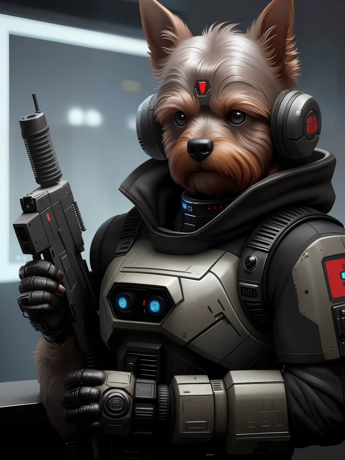 The Yorkshire Terrier as the Doomsday Killer(droid)doggy,realistic scifi cyberpunk power armor robot,closeup portrait,Holding a submachine gun