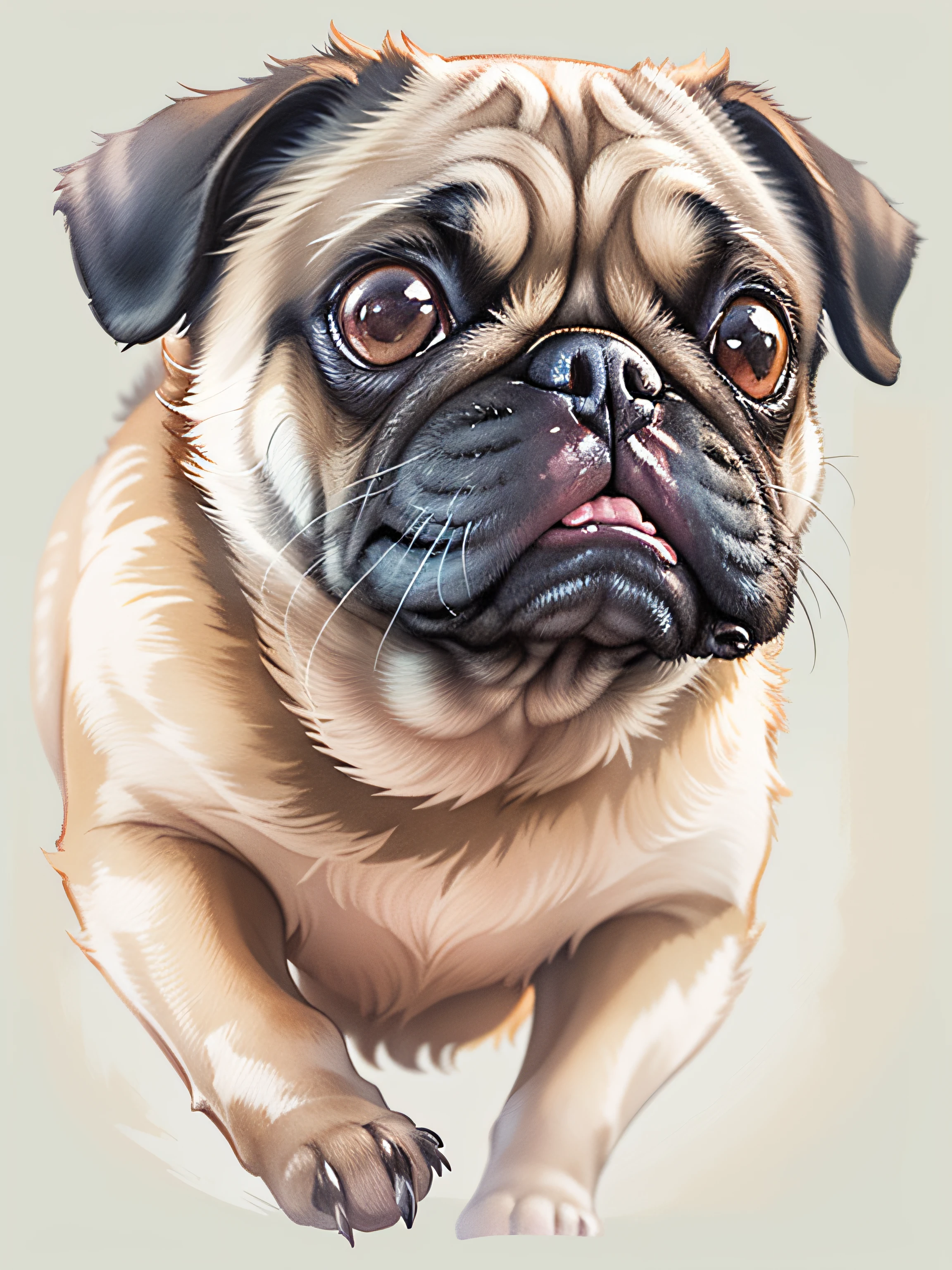 All pugs look adorable, realistic illustration, Concept art, 2D planar vector, comic style, Charming, watercolor effect, Adobe Illustrator, hand-drawn, zoom out, whitebackground, centered, Full framed body, approaching perfection, dynamic, Highly detailed, Smooth, Illustration Style
