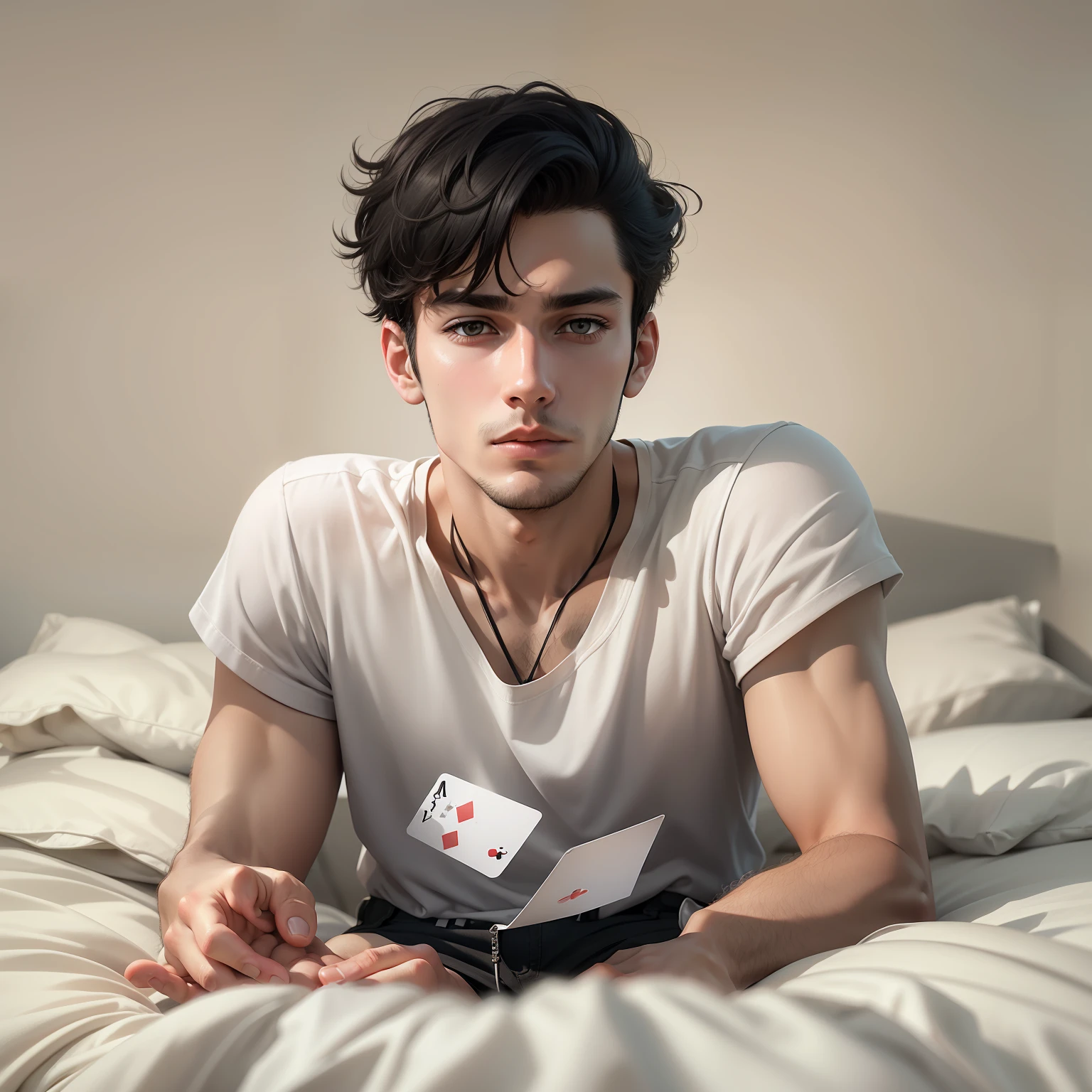 ultra realistic image of a 25 year old man, short black hair, dressed in a simple white shirt and simple black shorts, sitting on the bed, holding a small card, looking at the card with a sad expression