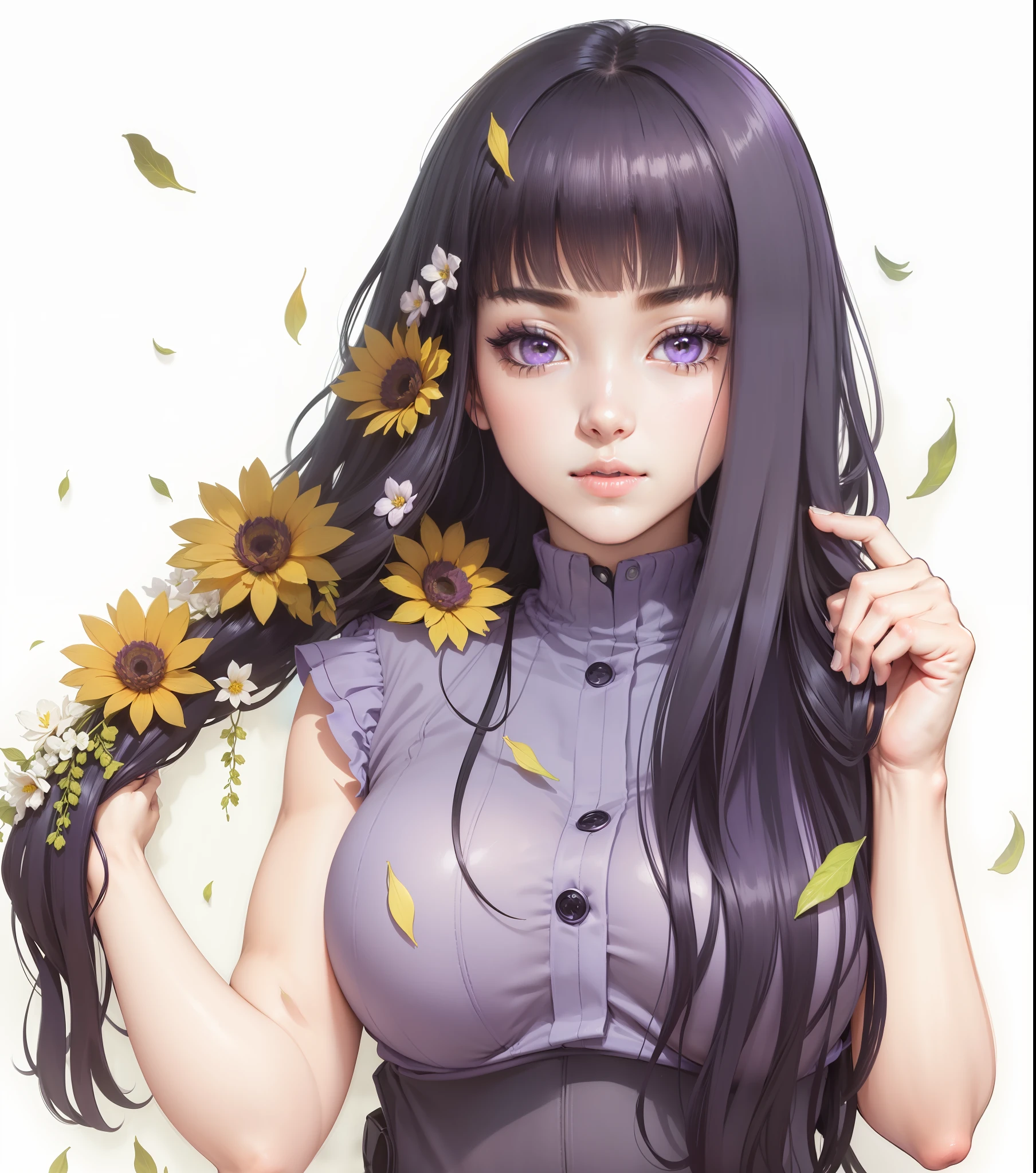 masterpiece, best quality, high resolution, fine detail, amazing and beautiful detail, different_images, 1 girl, purple sleeveless jacket, from below, black hair, white-purple eyes, ( big boobs),( big boobs) , (boobs big), (lower chest), outer space, plants, black pants, konoha village symbol, purplish white eyes,