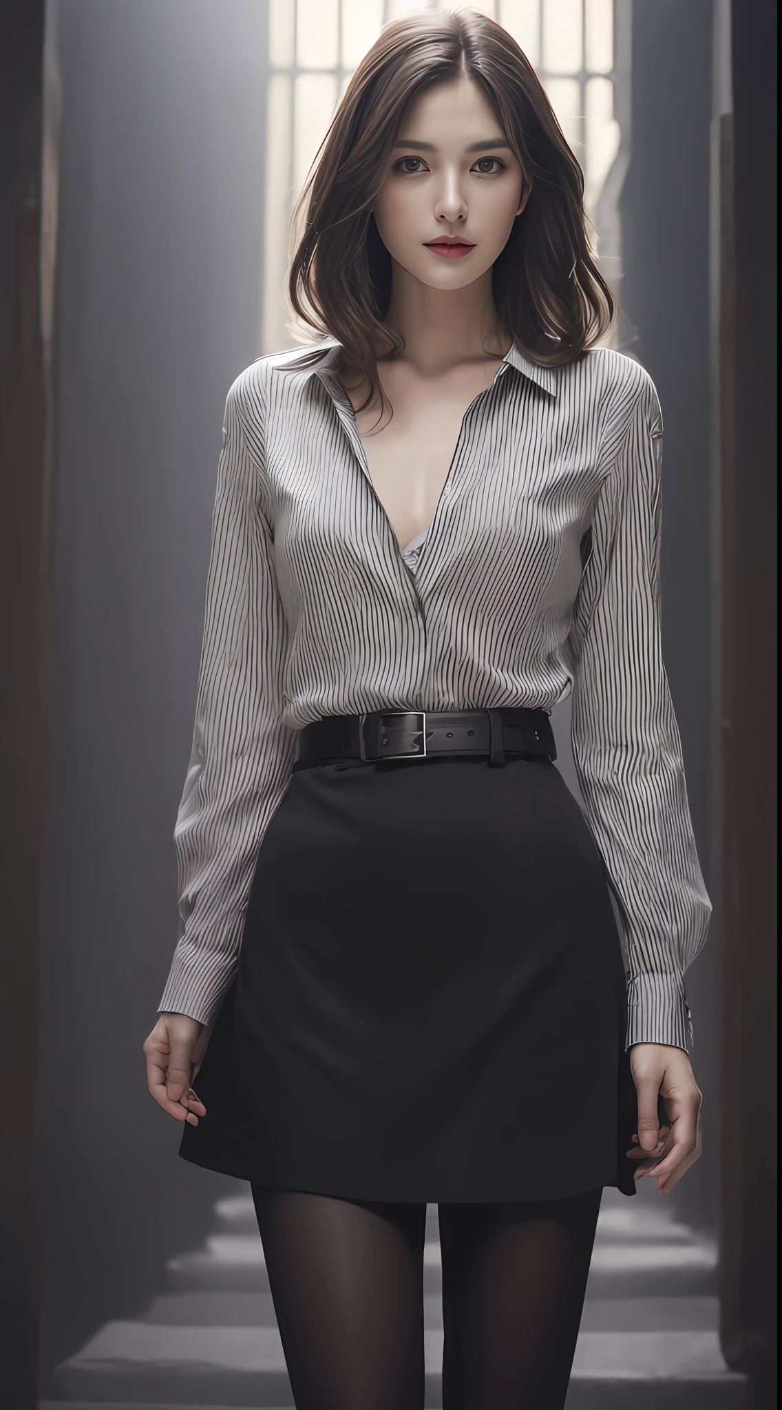 (Best quality, High resolution, Masterpiece :1.3), A tall and pretty woman, Slender abs, Dark brown hair styled in loose waves, Breasts, Wearing pendant, White button up shirt, Belt, Black skirt, (Modern architecture in background), Details exquisitely rendered in the face and skin texture, Detailed eyes, Double eyelid
