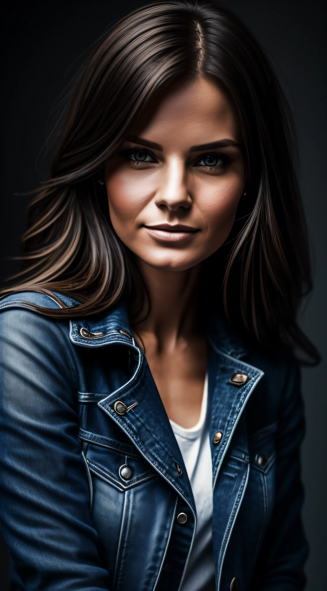 Please create a photograph of a 30-year-old Russian woman, in a realistic style, with high resolution. The photo should be taken in a well-lit studio, with soft light and no harsh shadows. The framing will be half-body, highlighting her presence and charming personality.Special focus should be given to the eyes, capturing their captivating expressiveness. The model will be wearing red high heels, denim jeans, and an elegant leather jacket, creating a modern and sophisticated look.Careful lighting and image composition should enhance the woman's natural beauty, highlighting her distinctive features and elegant style