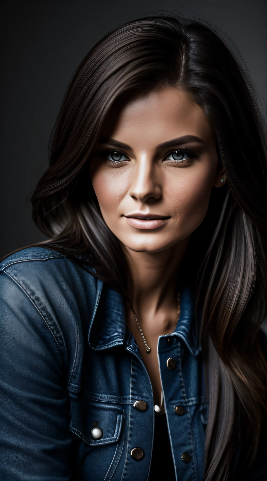 Please create a photograph of a 30-year-old Russian woman, in a realistic style, with high resolution. The photo should be taken in a well-lit studio, with soft light and no harsh shadows. The framing will be half-body, highlighting her presence and charming personality.Special focus should be given to the eyes, capturing their captivating expressiveness. The model will be wearing red high heels, denim jeans, and an elegant leather jacket, creating a modern and sophisticated look.Careful lighting and image composition should enhance the woman's natural beauty, highlighting her distinctive features and elegant style