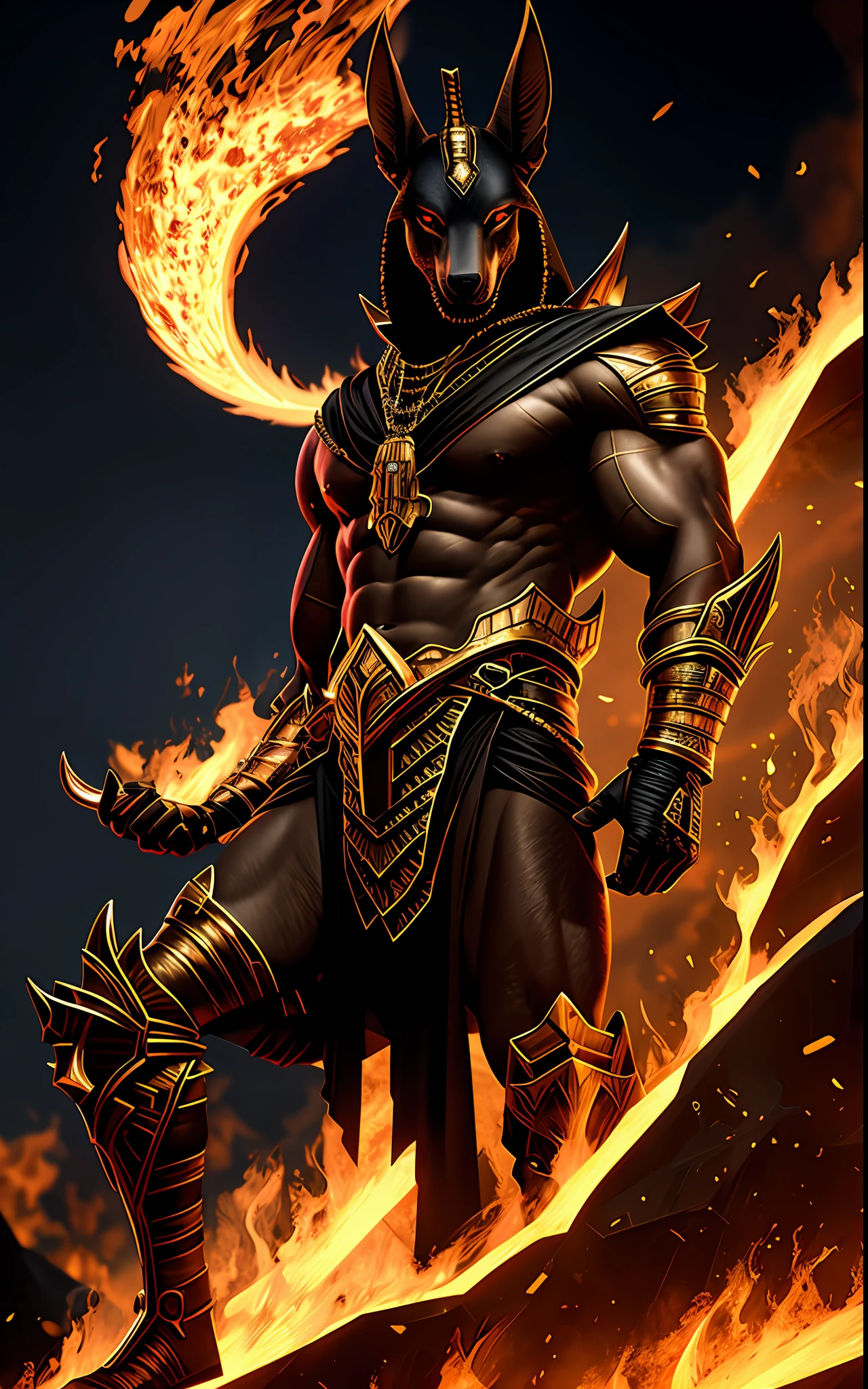 (high quality), photorealistic,
jewelry, (solo),
(dynamic pose), towards right, ((hell gate)), fire, hell landscape, (the underworld), (dark landscape),
anubis, egyptian jackal headed god, anthro, muscular, (holding golden scales), dynamic pose, cinematic, dramatic camera angle, (good anatomy), (good proportions), award winning, masterpiece, centered,