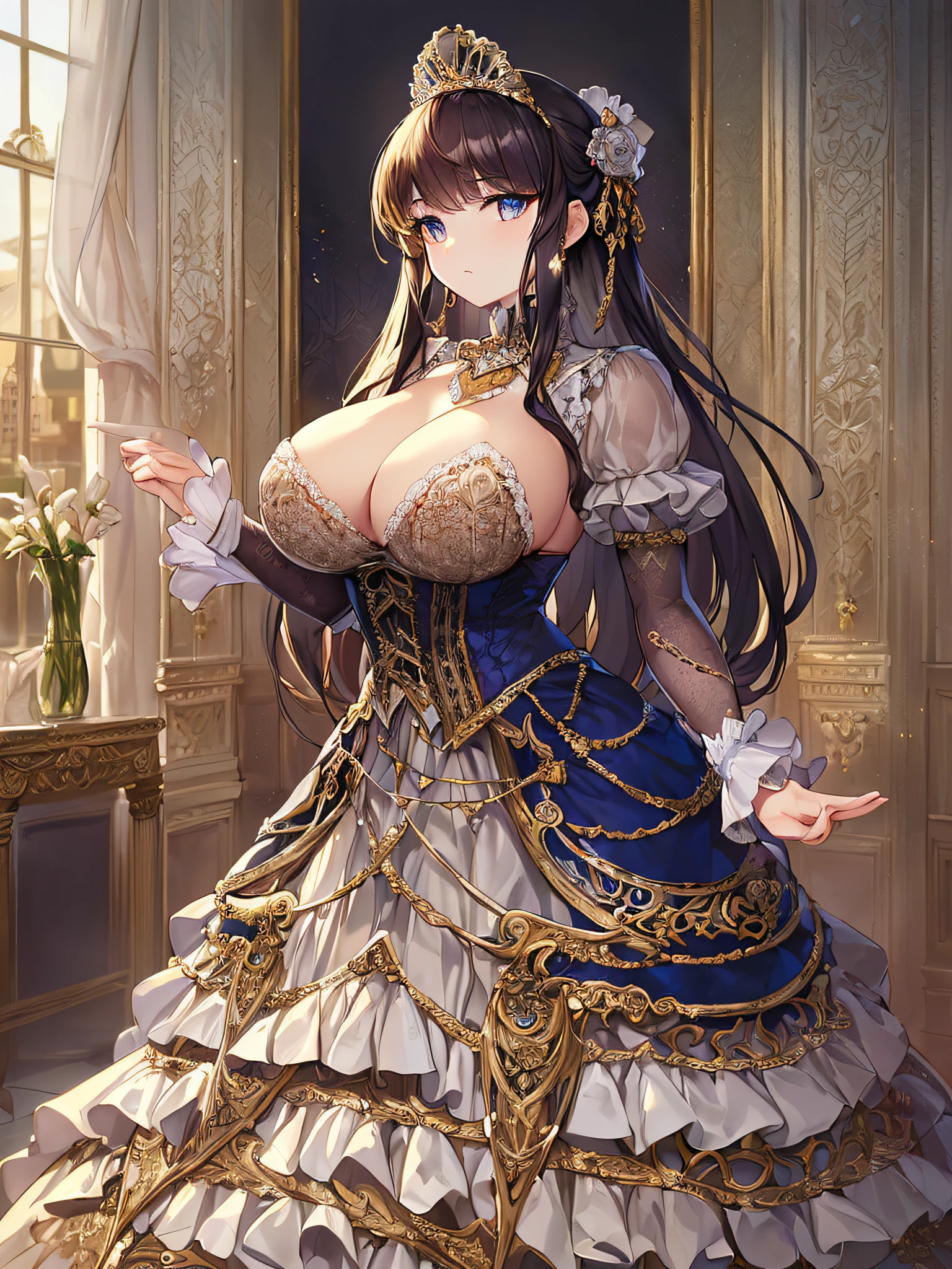 ((anime artstyle)),(Masterpiece),(Best Quality), (Super Detail),((Very Delicate and Beautiful)),((Solo)),((full body)),((1 princess in gorgeousfull victorian dress)),many ruffles,detailed face and eyes,jewel-like eyes,((voluminous Very Long Straight Hair)),((gorgeousfull embroidery and lace)),gorgeous corsage,See-through,gorgeousfull hair ornament,gorgeousfull glitter jeweled tiara,ornate ruffles,((gigantic breasts,Long breasts)),skindentation,((full body)),((hoop skirt,crinoline)),standing pose,Dynamic Angle,Looking at viewer,royal victorian palace,(((gorgeous embroidery gorgeousfull victorian dress)),full body