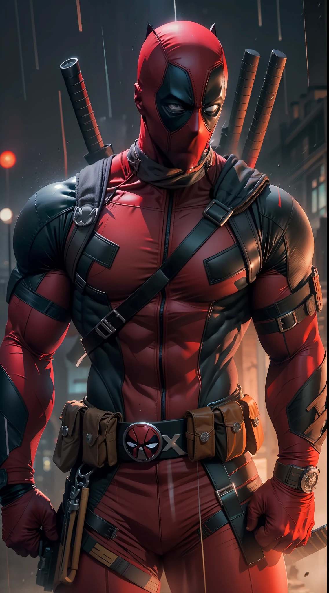 upper body shot, Deadpool, muscular, lean physique, tall, hunk, burly, black and red, tight spandex suit, spandex black and red mask, no ears, no mouth on the mask, 2 black handle katanas hanging behind the back (forming an X), straps on his chest, pistols on the waist, high resolution, ultra detailed, night, rain, 8k, wallpaper, volumetric lighting
