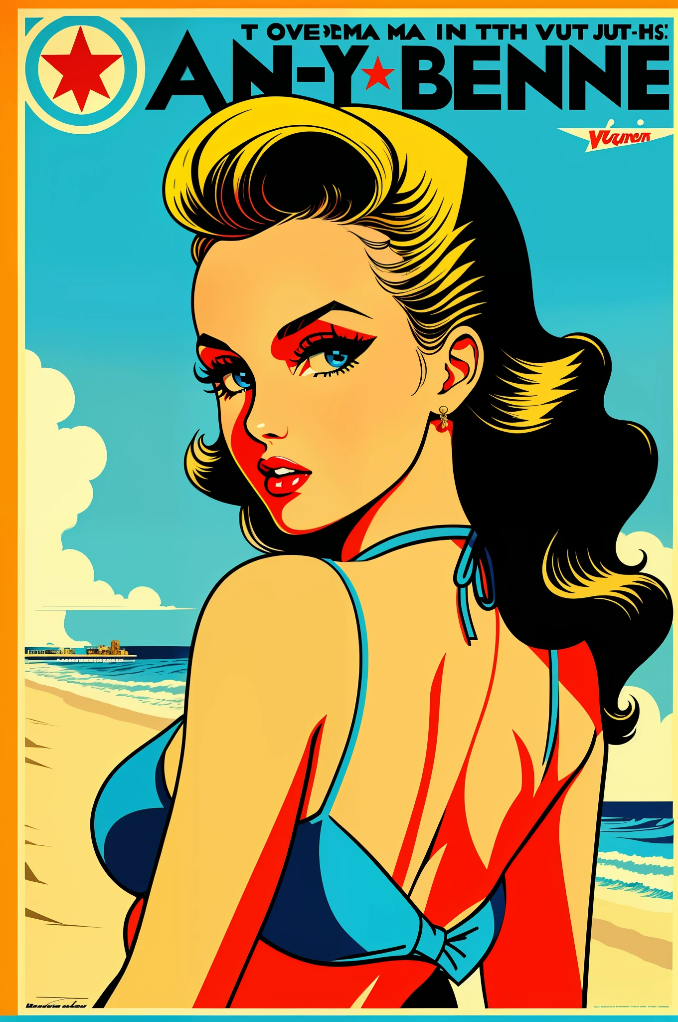 there is a poster of a woman in a bikini on the beach, inspired by Bunny Yeager, beautiful retro art, pin up style poster, by Wayne England, pin-up poster girl, pop art poster, fantasy pop art, shepard fairey, in style of pop - art, bond girl, inspired by Vladimir Tretchikoff, retro style art