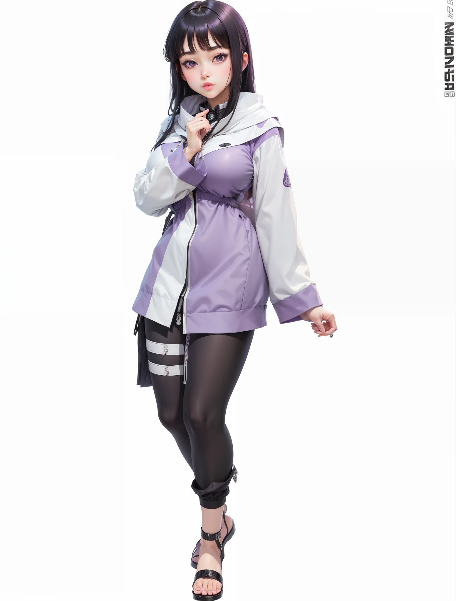 masterpiece, best quality, high resolution, fine detail, amazing and beautiful detail, different_images, 1 girl, purple and white long-sleeved jacket, from below, jet black hair, white-purple eyes, ( big boobs),( big boobs) , (big boobs), (lower chest), outer space, plants, black pants, Konoha village crest,purple -white eyes,