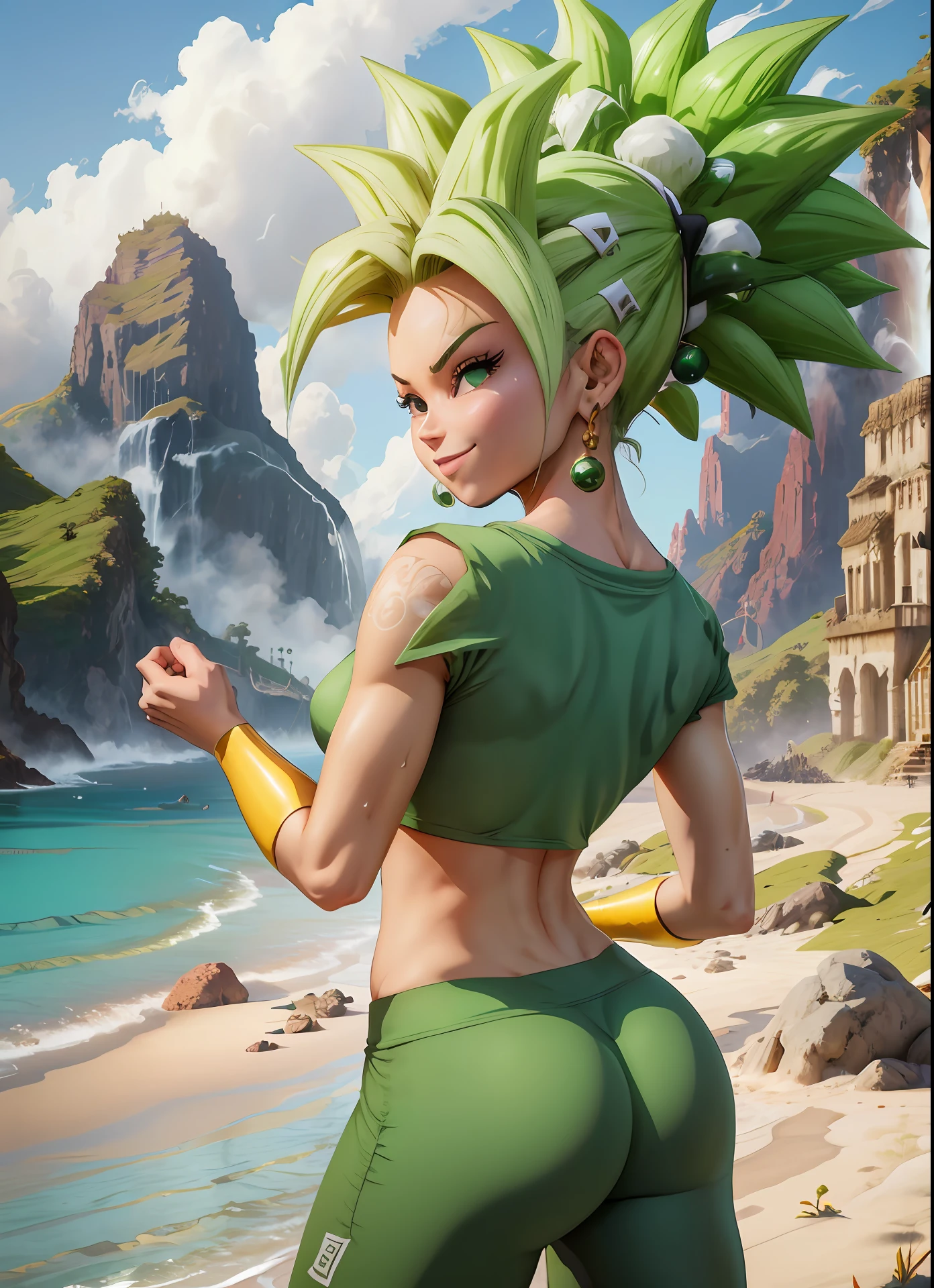 (melhor qualidade, obra-prima), cabelo verde, brincos verdes, yoga pants, yoga bra, pele apertada, tonificado, smug, sorriso, kefla, cintura fina, luz de fundo, rosto detalhado, queixo detalhado, perfect hands, radiante, unreal engine, 4k