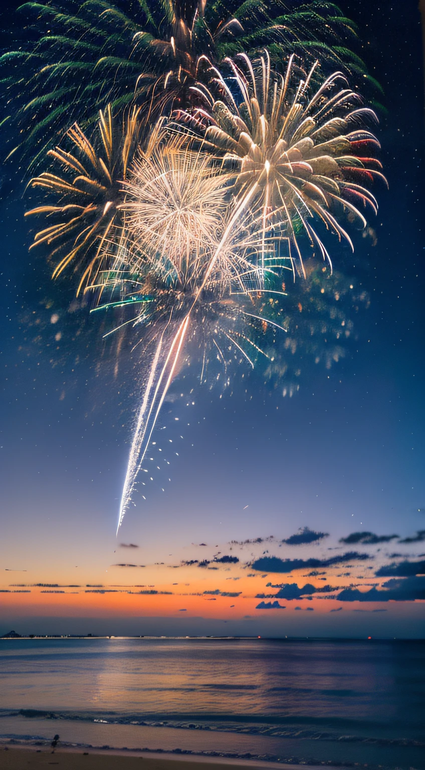 beautiful night，On the amazing seaside，There are brilliant fireworks in the sky，high high quality，16k