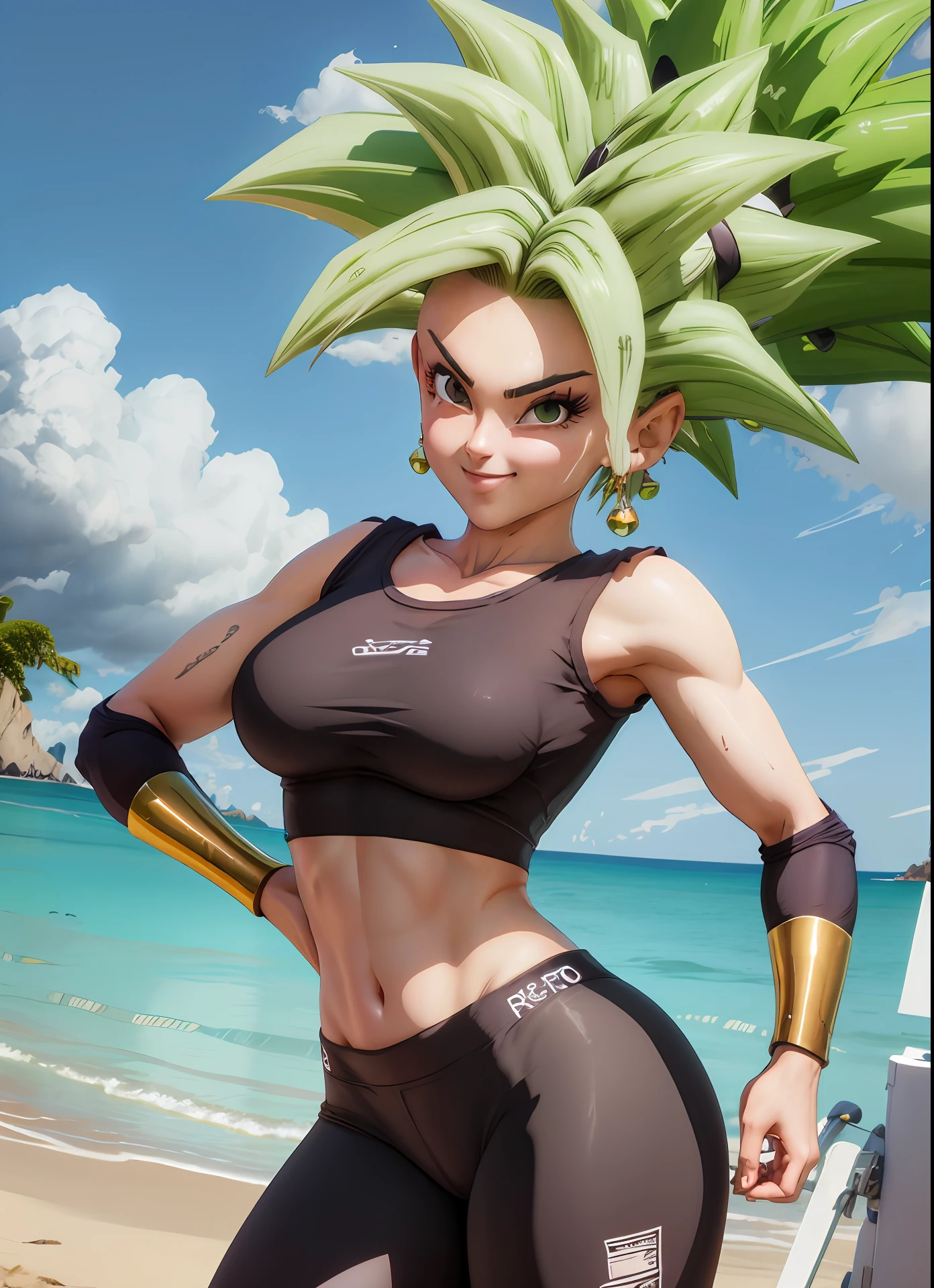 (melhor qualidade, obra-prima), cabelo verde, brincos verdes, yoga pants, yoga bra, pele apertada, tonificado, smug, sorriso, kefla, cintura fina, luz de fundo, rosto detalhado, queixo detalhado, perfect hands, radiante, unreal engine, 4k