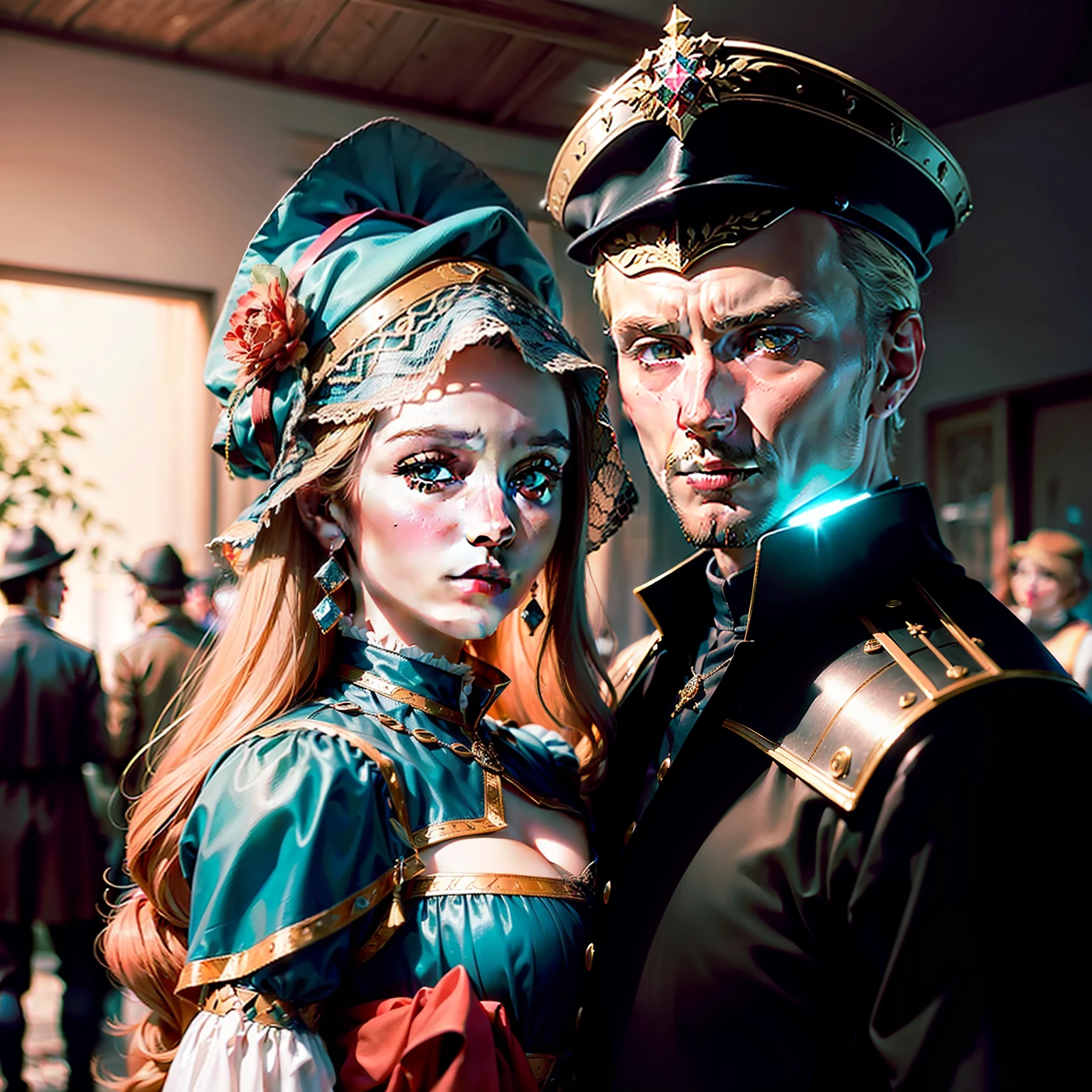 alta qualidade (um casal de homem e uma mulher, juntos na mesma imgem, 14th century), (((modern depiction of Jan van Eyck's painting))), technicolor, cinematic lighthing, reflexos, HDR, 8K分辨率, cinematic movie still, suave, foco nítido, realista, strobe light beams, ((backround desfocado)):1.7, (((profundidade de campo)):1.8, cinestill 800t 35mm, alta qualidade, heavy grain, alto detalhe, cinematic composition, dramatic light, Anamorphic, lente ultra wide, hiper-realista, 5:2