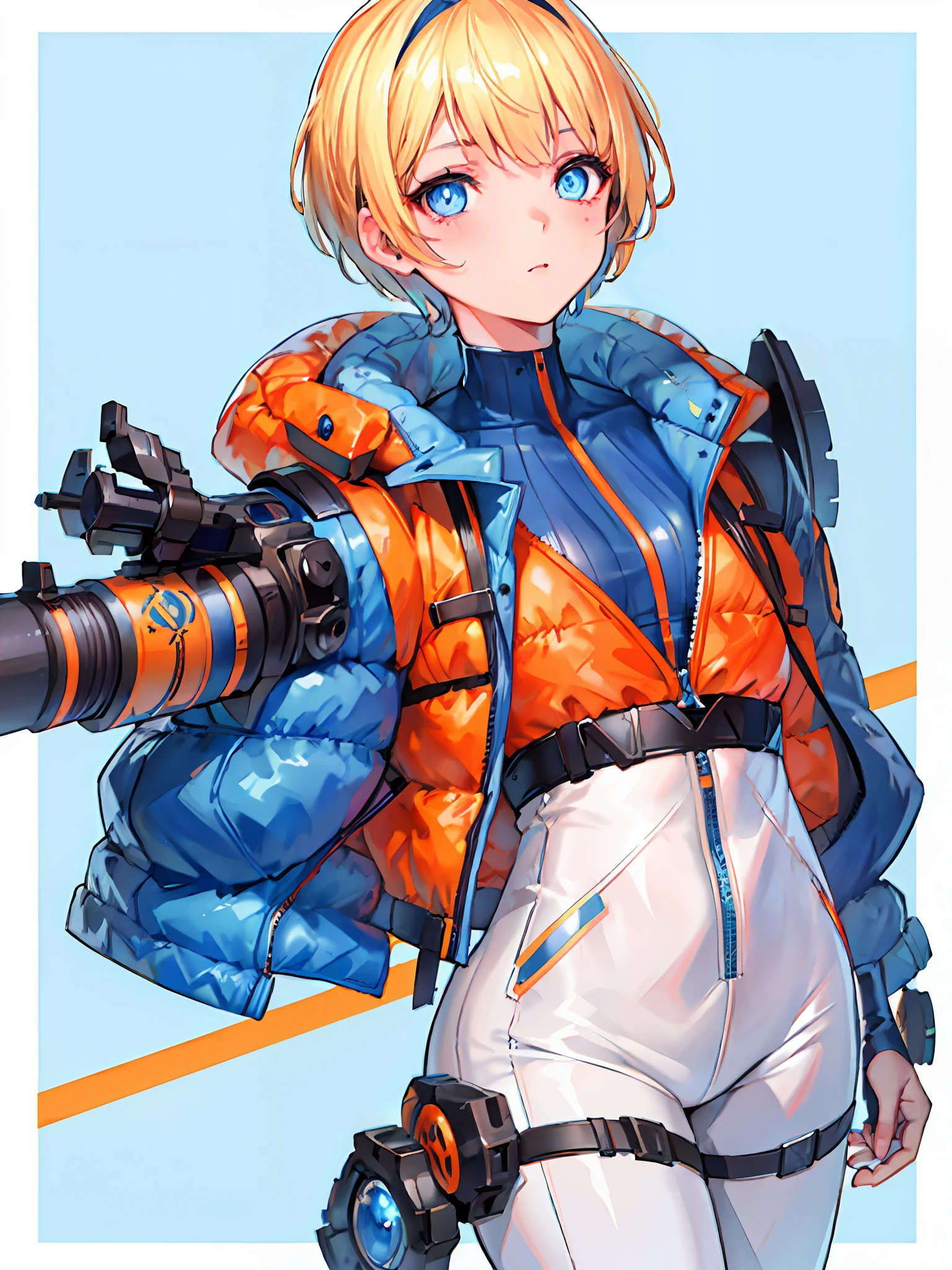 1girls, solo, wattson, masterpiece, highly detailed, blue eyes, detailed eyes, expressive detailed eyes, wide eyed, detailed pupils, blonde hair, short hair, orange jacket, jacket, blue shirt, blue top, blue skinsuit, white pants, blush, plain background