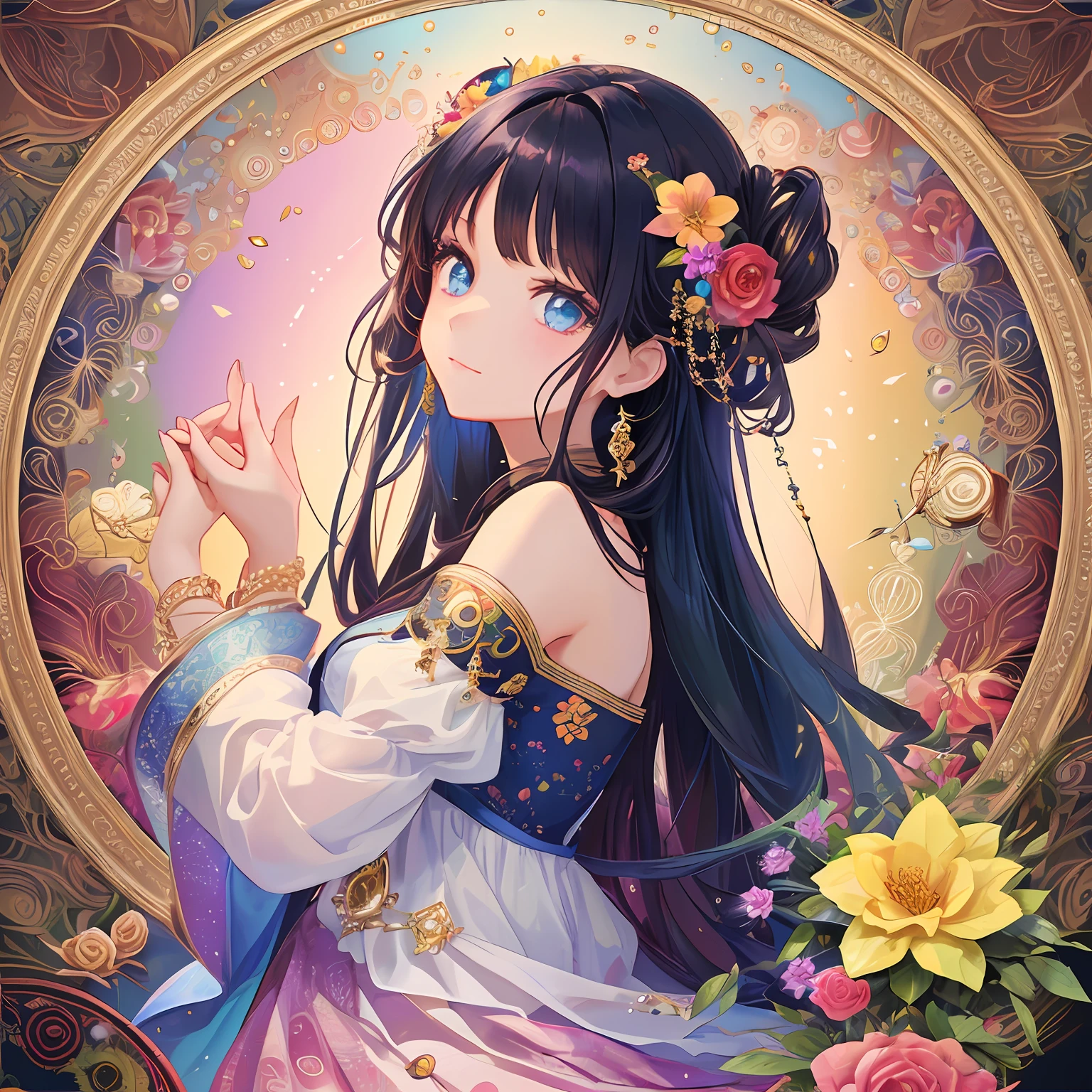 Beauty 1 person、(​masterpiece、top-quality、top-quality、Beautifully Aesthetic:1.2)、(1girl in:1.3)、(Fractal Art:1.3)、Round picture frame、The beauty of picture frames、Delicate clothes、Round Detail Frame、Dancing rainbow hair、Geometric pattern background、Looks Back、Sparkling eyes、Jewelry and floral hair ornaments