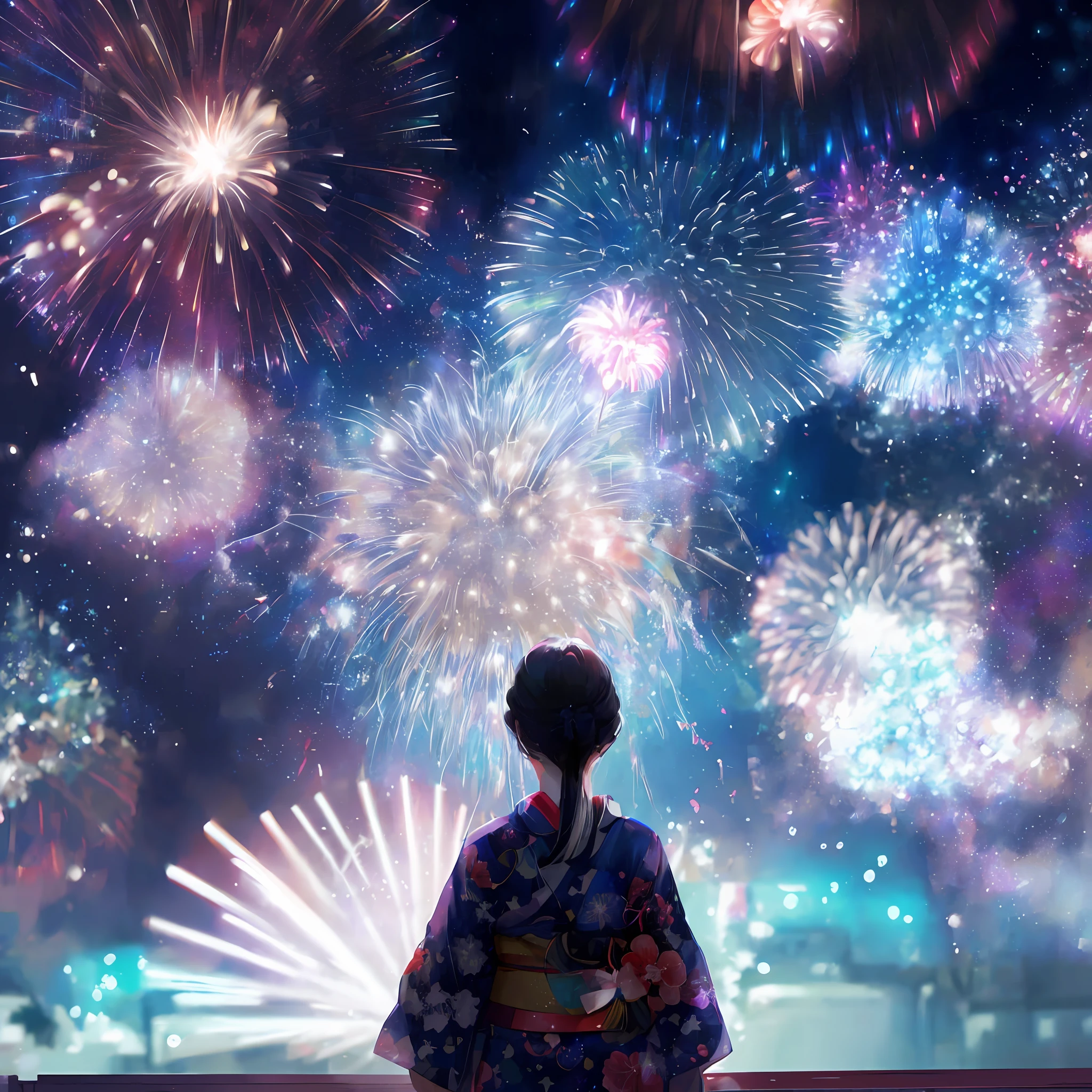 Fireworks are lit in the sky over a woman in a kimono, [ Fireworks in the sky ]!!, sparklers, Fireworks, Fireworks in the background, Big!!!!!!!!!!!!, fireworks in background, Happy!!!, 🚀🚀🚀, !!Beautiful!!, Future!!, inspired by Itō Shinsui, by Eizan Kikukawa, 2 0 1 9 anime