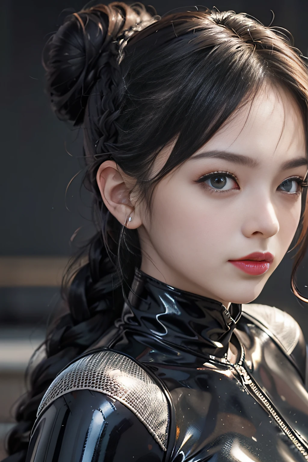 独奏、ultra fine photos、Portrait Unreal Engine 5 8K UHD Skin Tight Black Latex Costume、slick black catsuit、black iconic character、smooth black skin、Black body、PVC、some black、futuristic glossy latex suit、rubbersuit、rubber belts、collars、rubber glove、rubber high boots、arm and leg cuffs、lanyard、top-quality、masterpiece、 Official art、统一 8k 壁纸、ultra-detailliert、foco nítido、dynamicposes、Parts of the body、No extra limbs、precisely anatomy、((Curly hair in braids、Bun1))、top-quality、masterpiece、ultra-detailliert、foco nítido、dynamicposes、ultra fine photos、(((facial close-up)))、