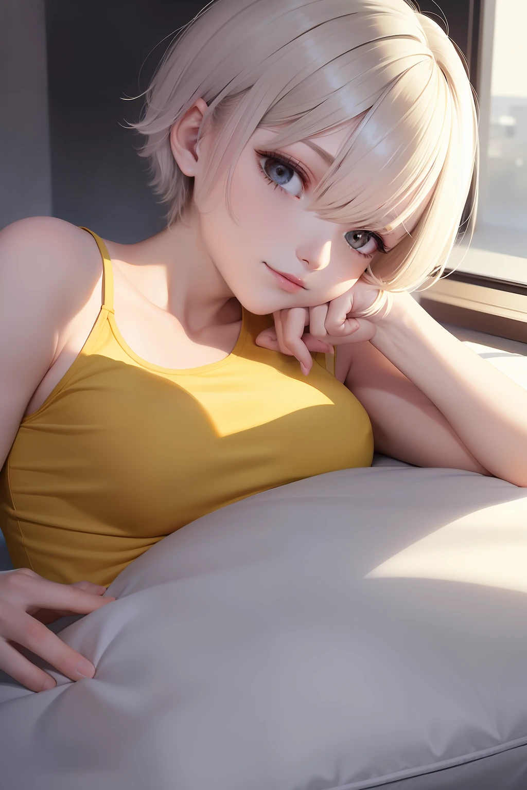 Best quality, tmasterpiece，yellow tanktop，White color hair，short detailed hair，Sleep on your stomach on your stomach