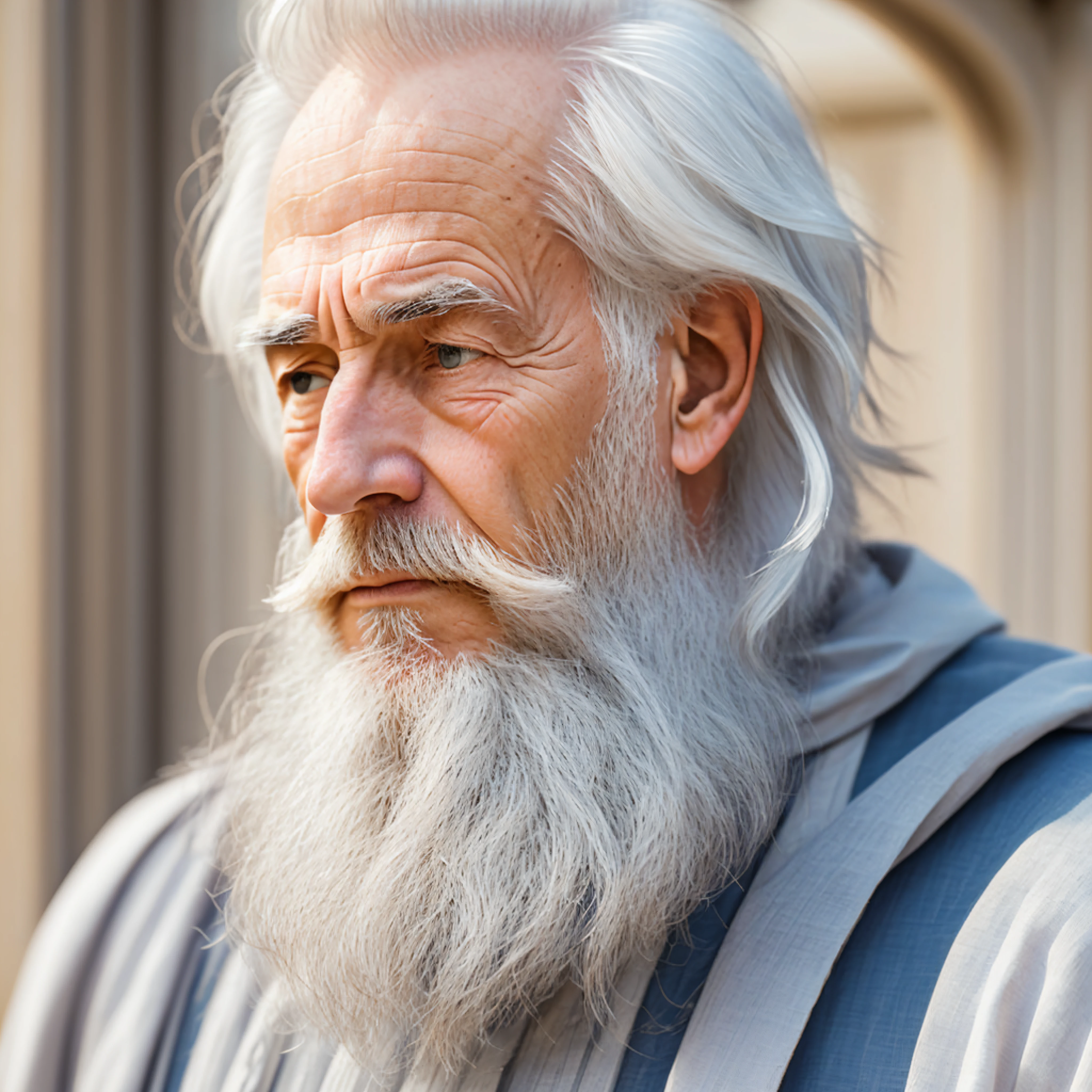 An elder with a beard and white hair, with a serene face, looking producing, inside a futuristic temple --auto --s2