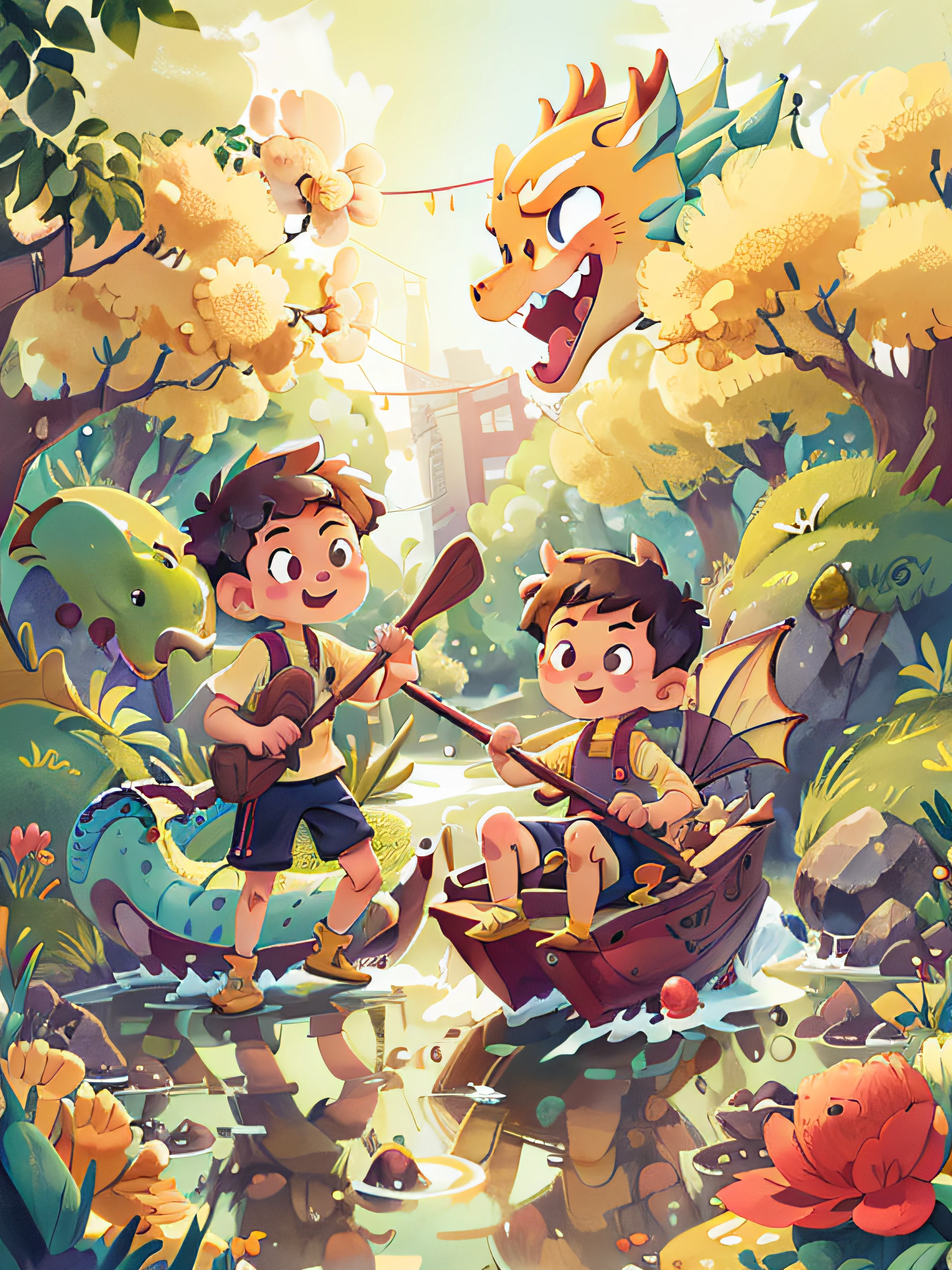 Poster design, (SFW), two rowing boys, Chinese dragon, spring outing, happy, background is a small river interspersed in Chinese street, perfect quality, clear focus, colorful, perfect face, intricate details, ultra-low viewing angle, wide angle lens