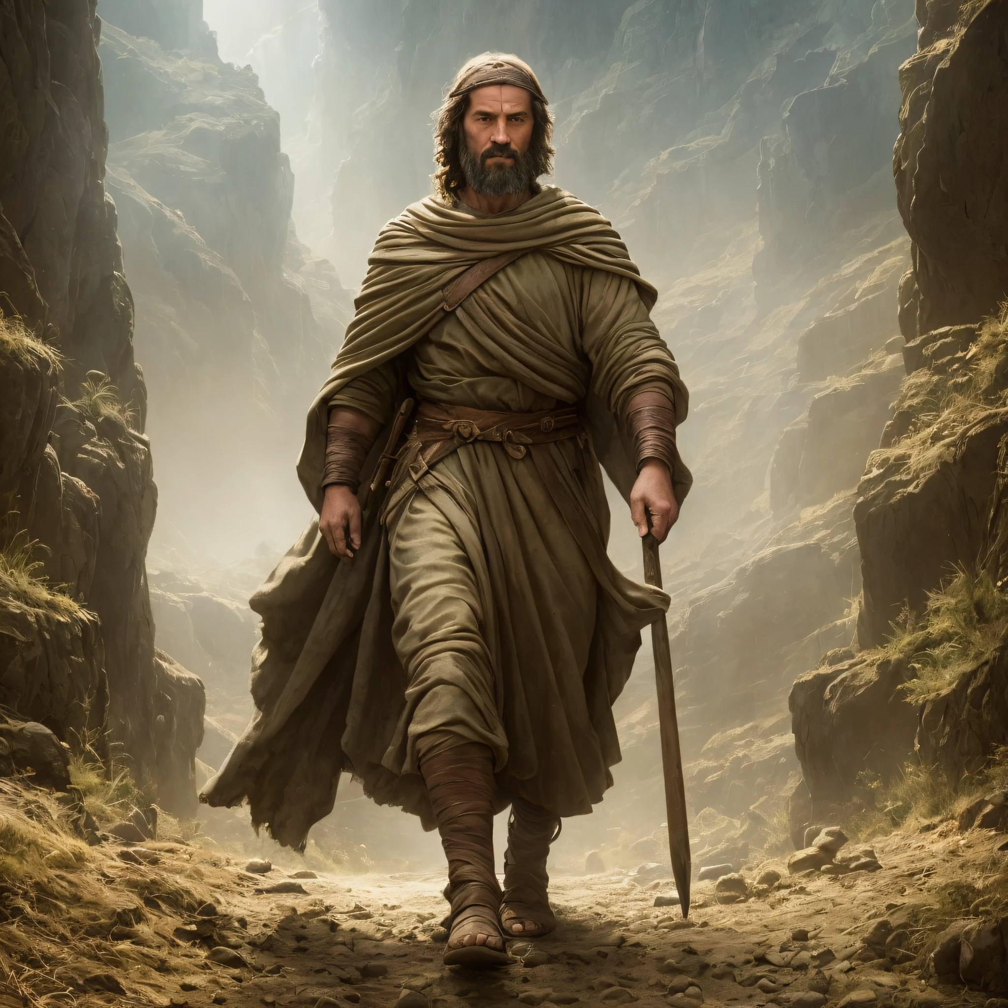 King David, 40y, biblical costumes, crossing a dark valley. with a determined expression, though his posture reveals signs of fatigue and struggle. Highlight the dim light that shines in the distance, representing God's comforting presence, even in the most difficult of times. --auto --s2