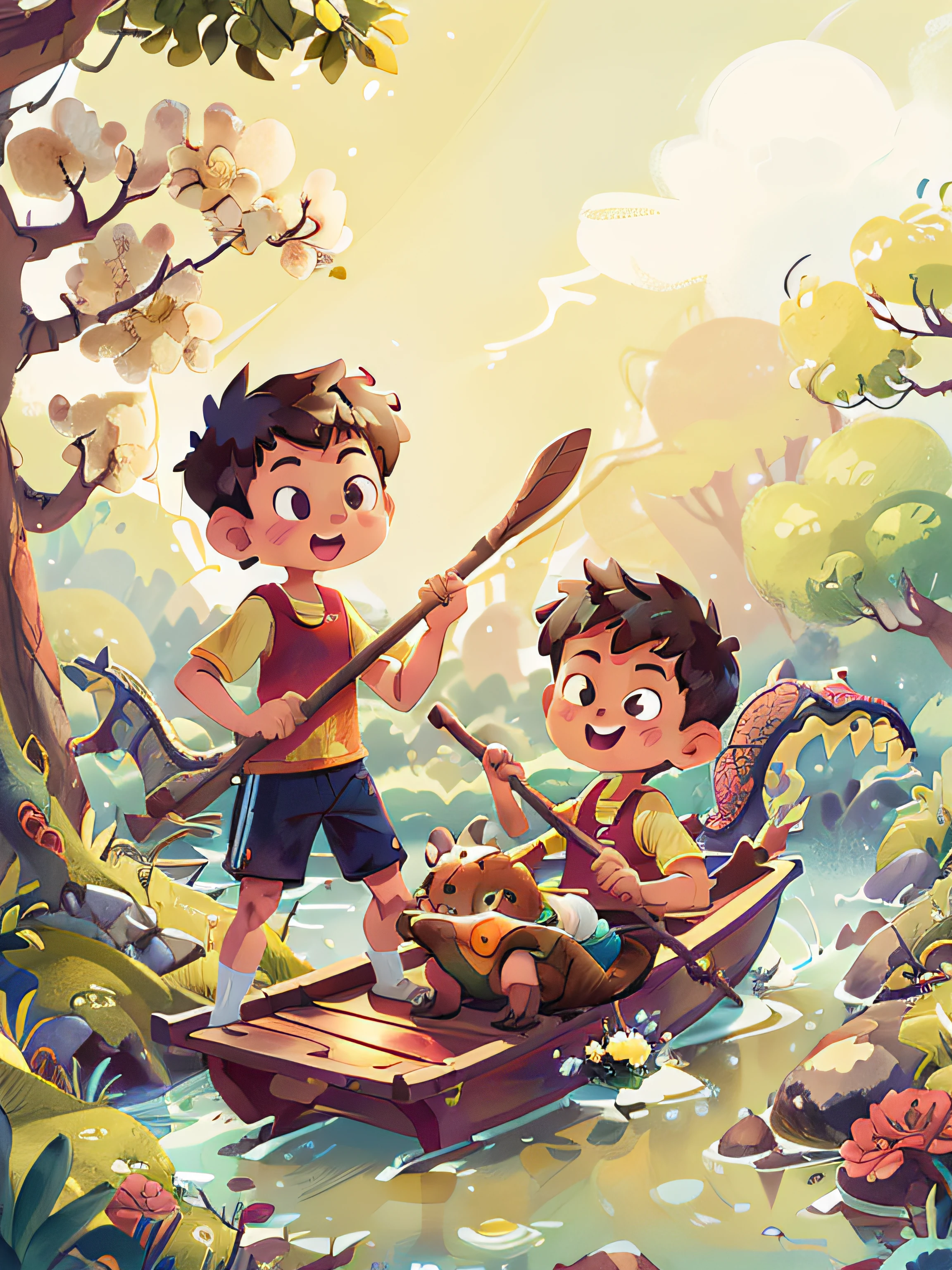 Poster design, (SFW), two rowing boys, Chinese dragon, spring outing, happy, background is a small river interspersed in Chinese street, perfect quality, clear focus, colorful, perfect face, intricate details, ultra-low viewing angle, wide angle lens