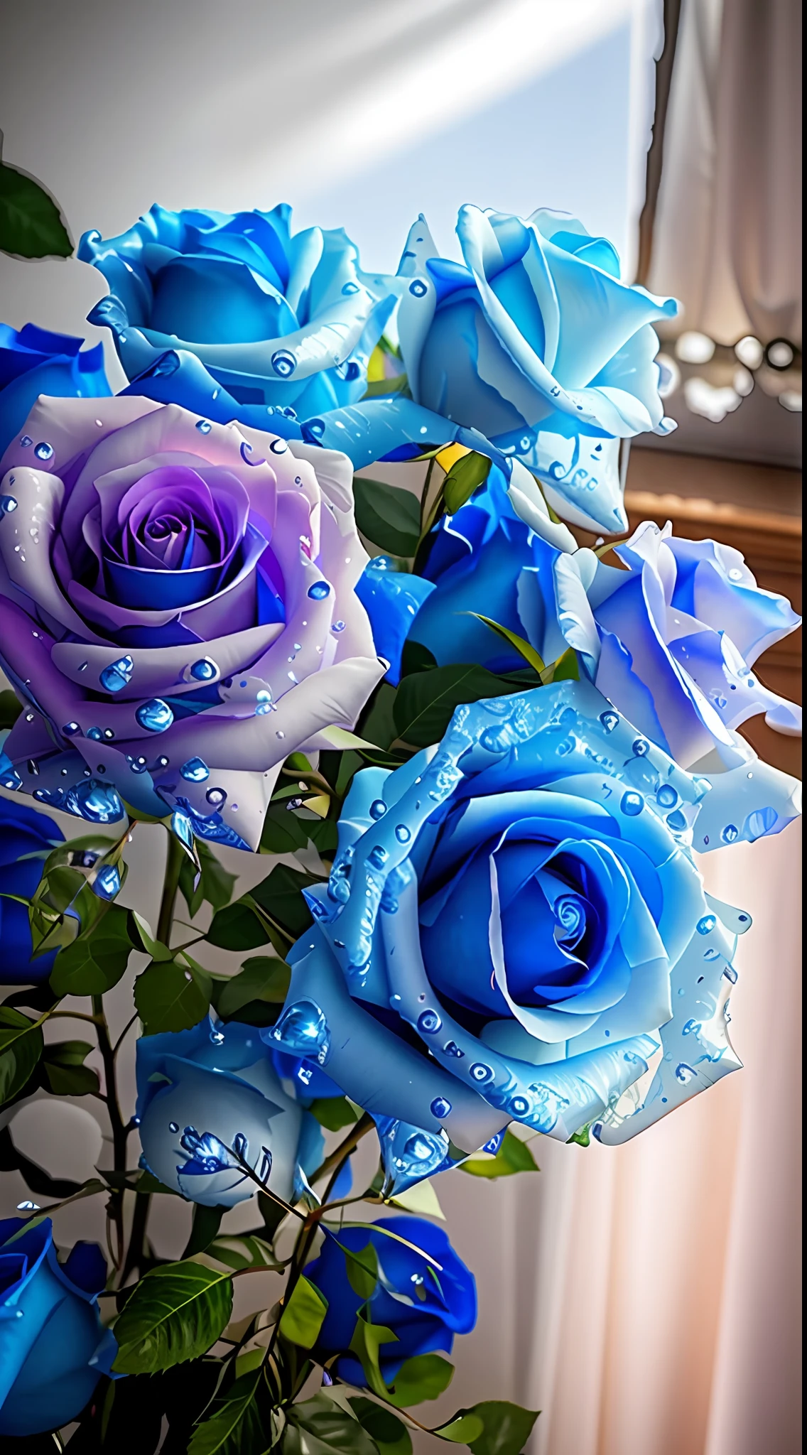 There are blue roses in the vase,There are water droplets on it, Blue rose, roses in cinematic light, rosette, a few roses, rosses, rendering a blue rose, pastel roses, Warm shades of blue, melanchonic rose soft light, Shot on Canon EOS R 6, blue tint, Shades of blue, vibrant but dreary blue, translucent roses ornate