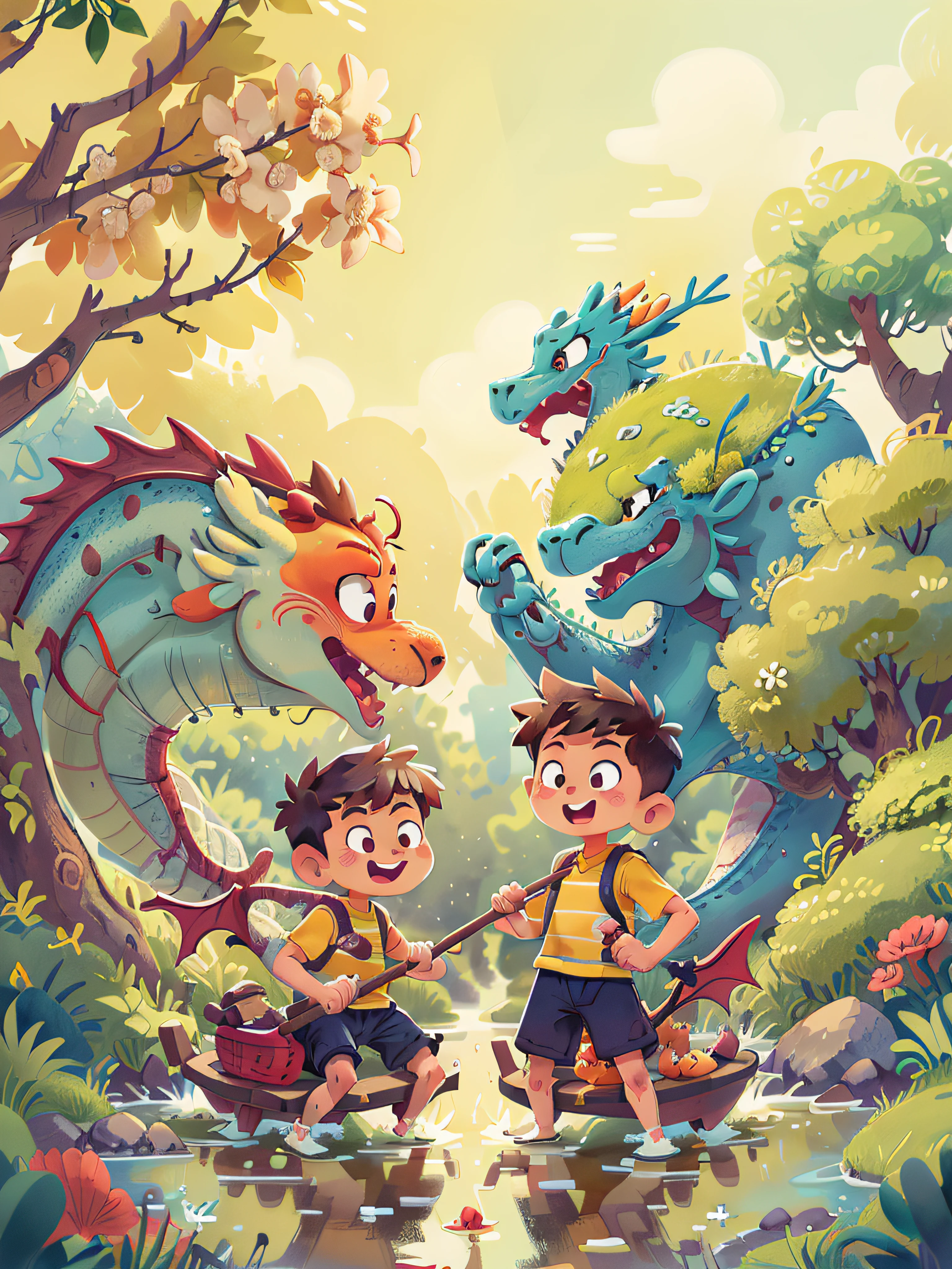 Poster design, (SFW), two rowing boys, Chinese dragon, spring outing, happy, background is a small river interspersed in Chinese street, perfect quality, clear focus, colorful, perfect face, intricate details, ultra-low viewing angle, wide angle lens