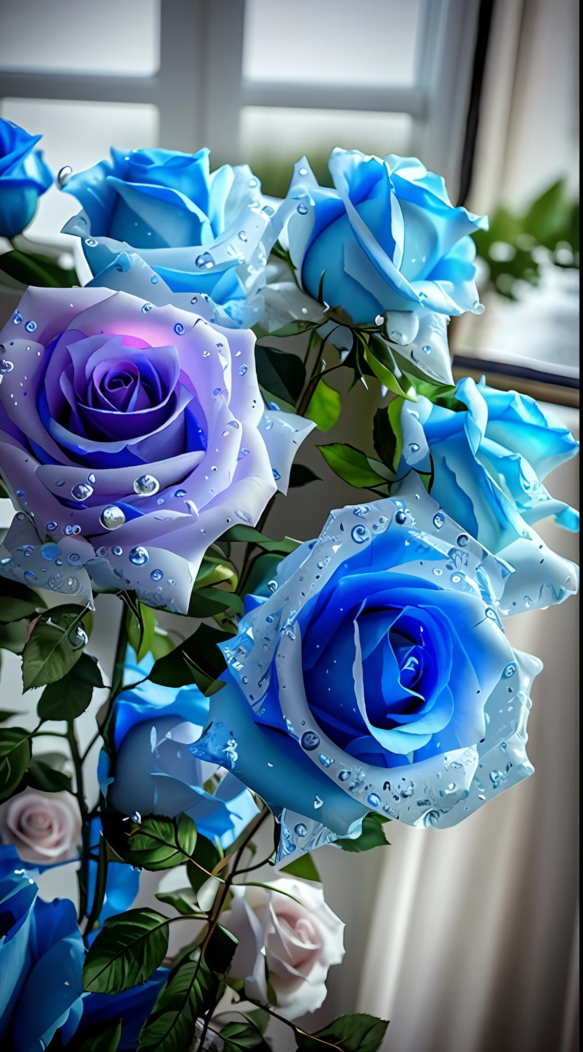 There are blue roses in the vase,There are water droplets on it, Blue rose, roses in cinematic light, rosette, a few roses, rosses, rendering a blue rose, pastel roses, Warm shades of blue, melanchonic rose soft light, Shot on Canon EOS R 6, blue tint, Shades of blue, vibrant but dreary blue, translucent roses ornate